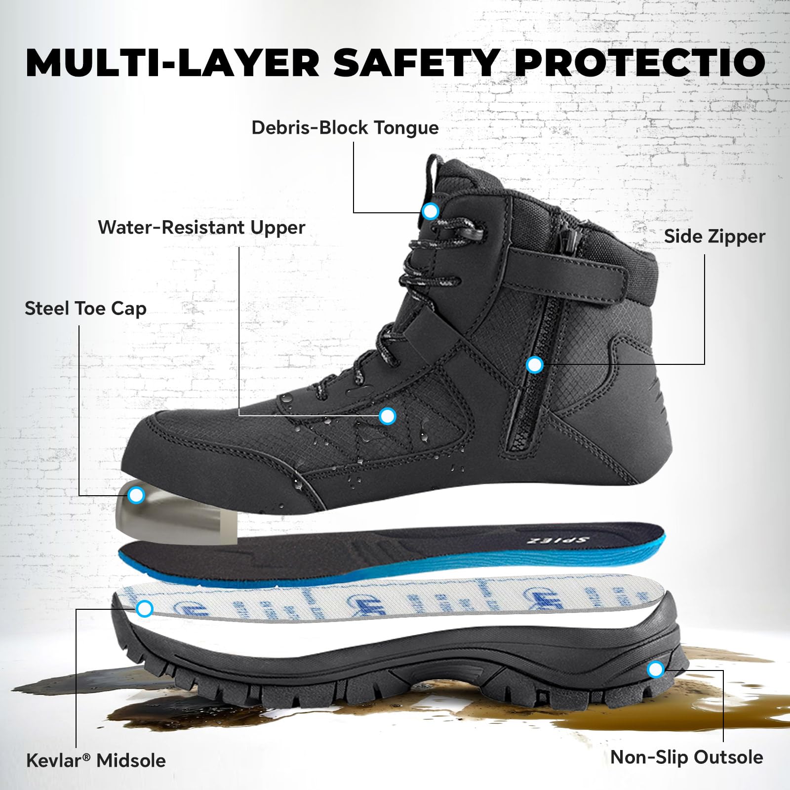 SPIEZ S3 Chaussures de Sécurité Hommes – Bottes avec Embout Acier, Imperméables, Kevlar Anti-Perforation, SRC Antidérapantes & Antistatiques Chaussures de Travail Chantier & Industrie, Noir EU 40-46