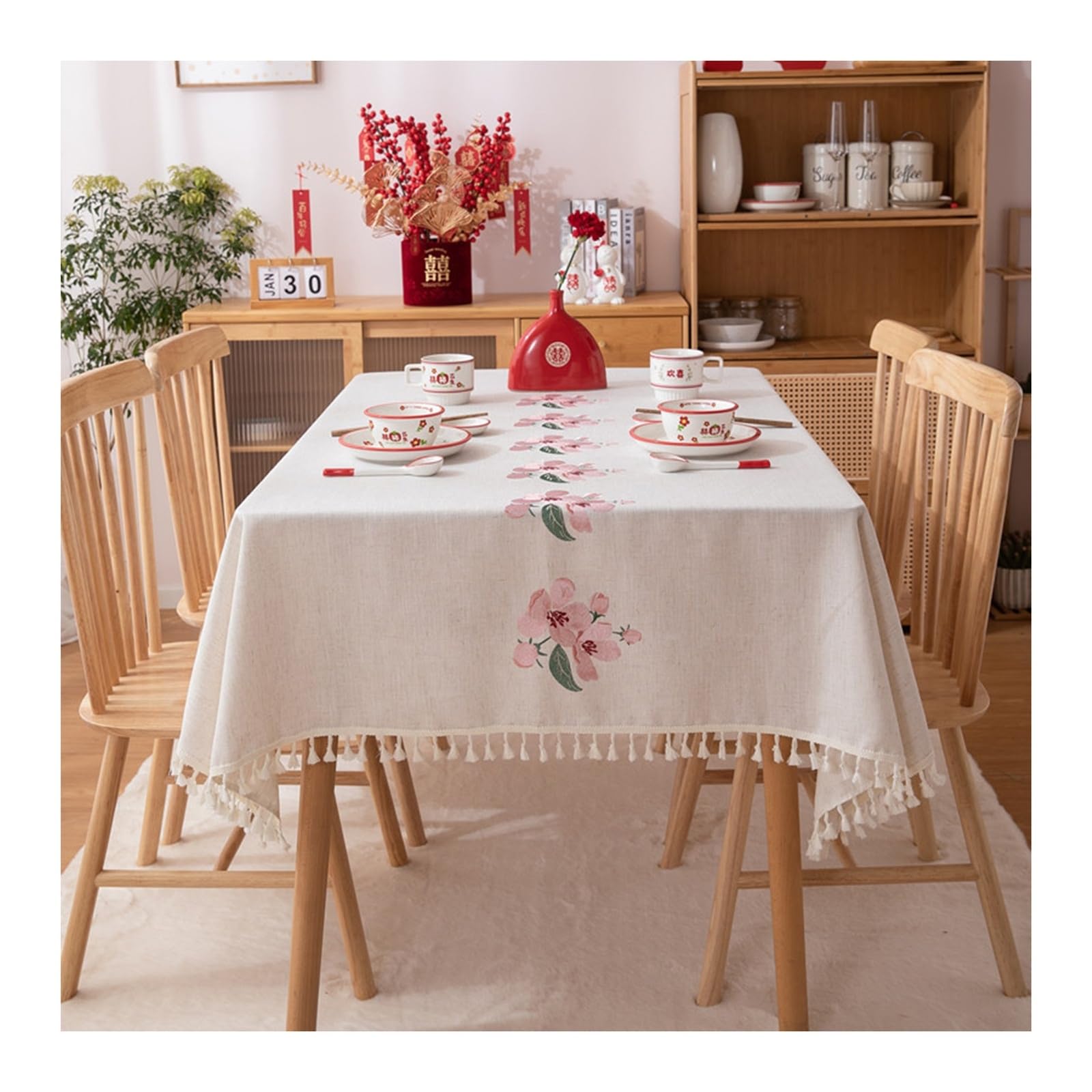 Nappe brodée fleur beige rose polyester 140x260cm anti-taches style rectangulaire