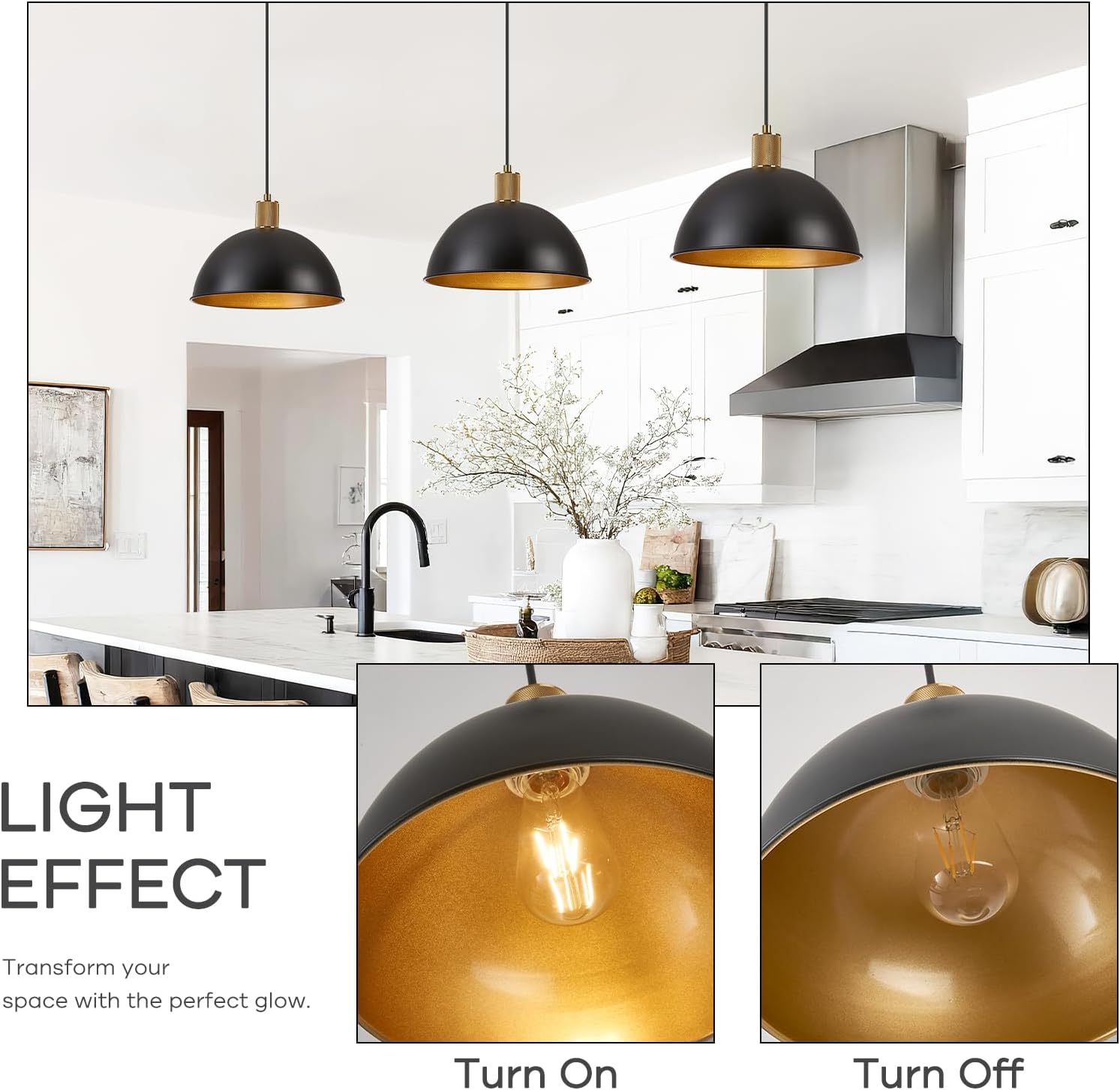 12 Inch Black Dome Pendant Lights 3 Pack for Kitchen Island, Height Adjustable Farmhouse Industrial Hanging Light Fixtures Over Table for Dining Room, Entryway