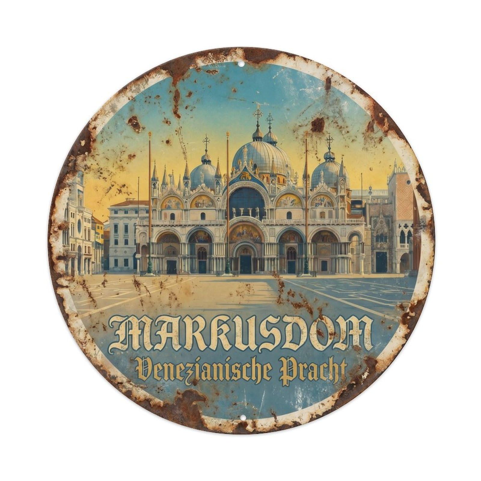 Vintage Travel Saint Mark Basilica Venice Metal Tin Sign Plaque Wall Decor for Cafe, Club, Garden Round Metal Poster 8x8Inch