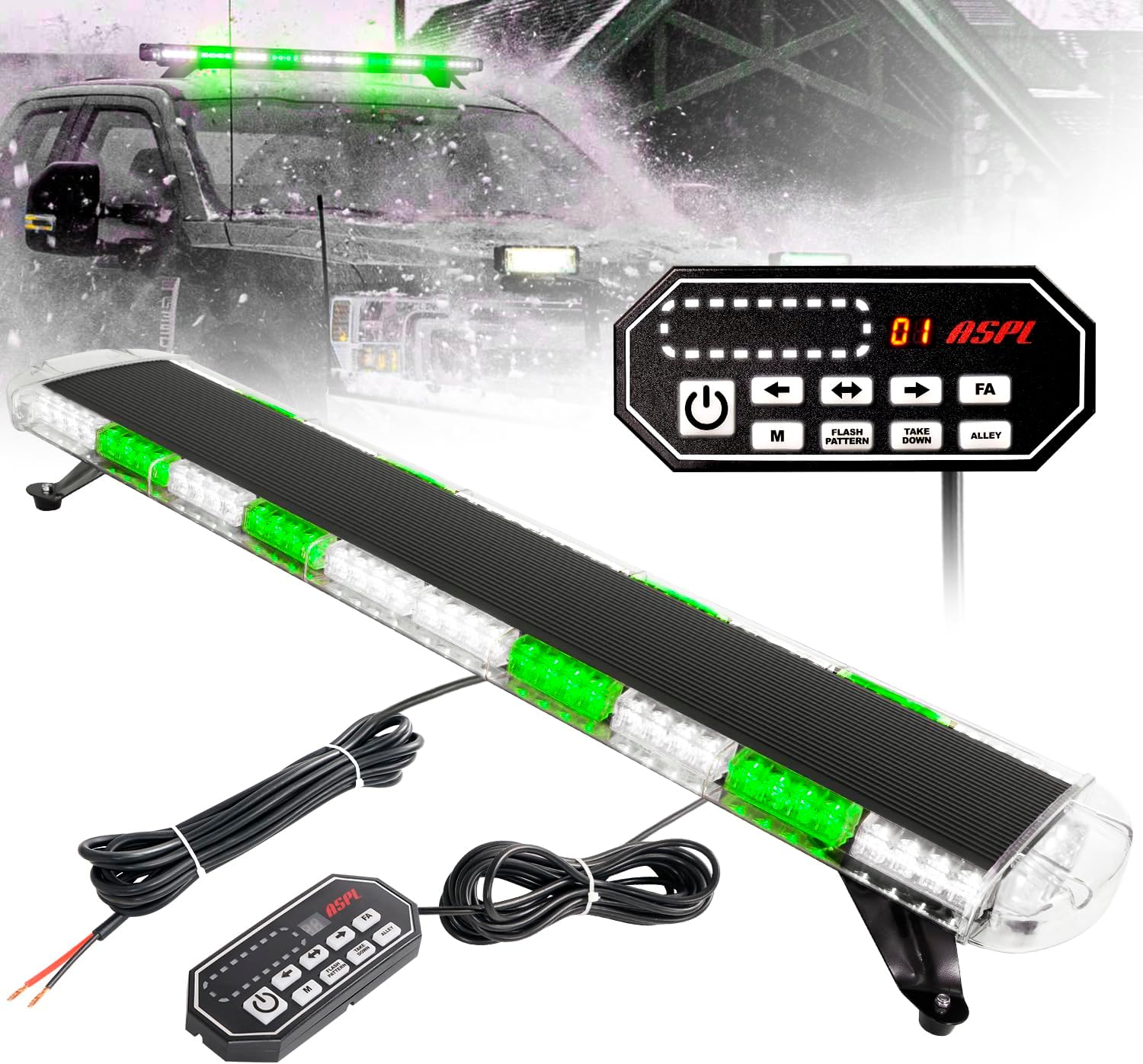 ASPL 47" Low Profile Roof Top Strobe Lights Bar with Controller High Intensity 88 LED Emergency Warning Flashing Traffic Advisor Snow Plow Light for Trucks Vehicles Tow Pickup (Green/White)