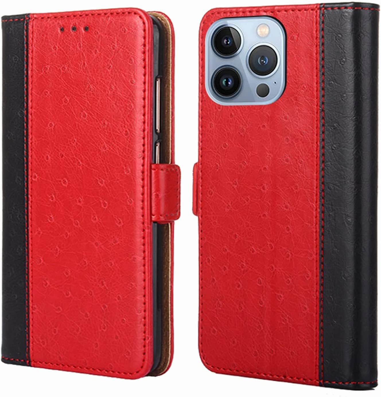 Leather Case for iPhone 14/14 Plus/14 Pro/14 Pro Max, Flip Wallet Case with Card Holder Kickstand Magnetic Clasp Shockproof TPU Shell (Color : Red, Size : 14ProMax)