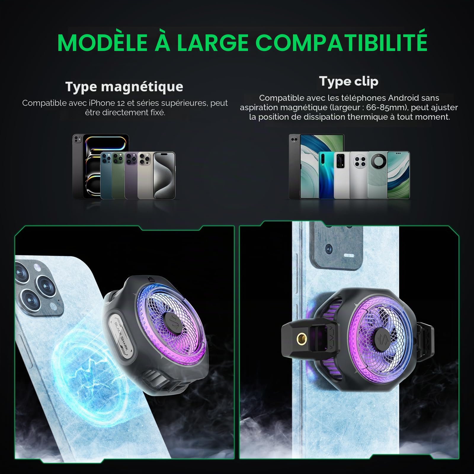 Black Shark Refroidissement magnétique pour téléphone portable 4Pro, ventilateur de refroidissement RGB portable, radiateur de téléphone portable avec poignée amovible, contrôle intelligent de la