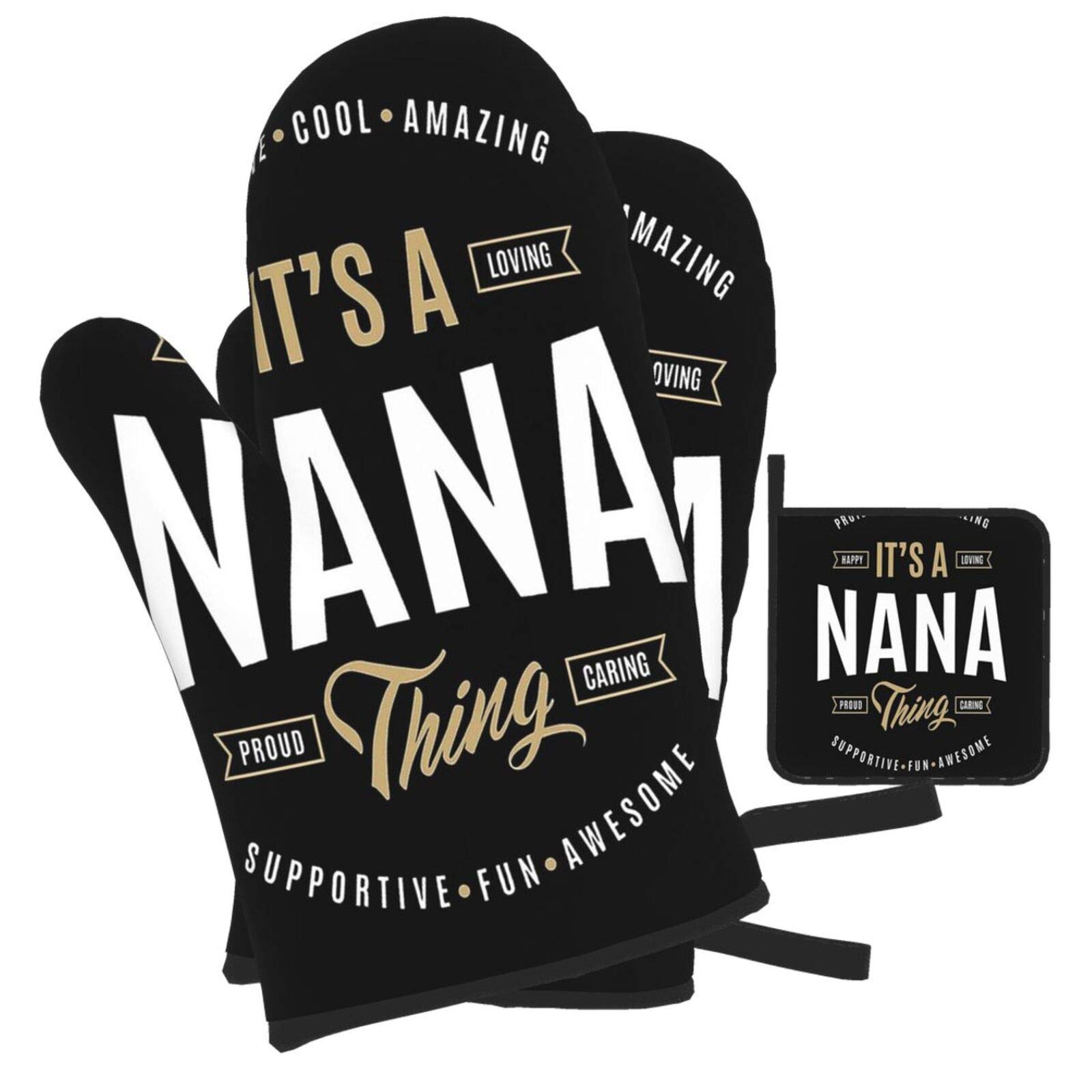 Woidxzxza for Nana Oven Mitts and Pot Holders Set, Heat Resistant Kitchen Bake Gloves Non-Slip Pot Holders for Cooking, Baking,Grilling, Barbecue,BBQ