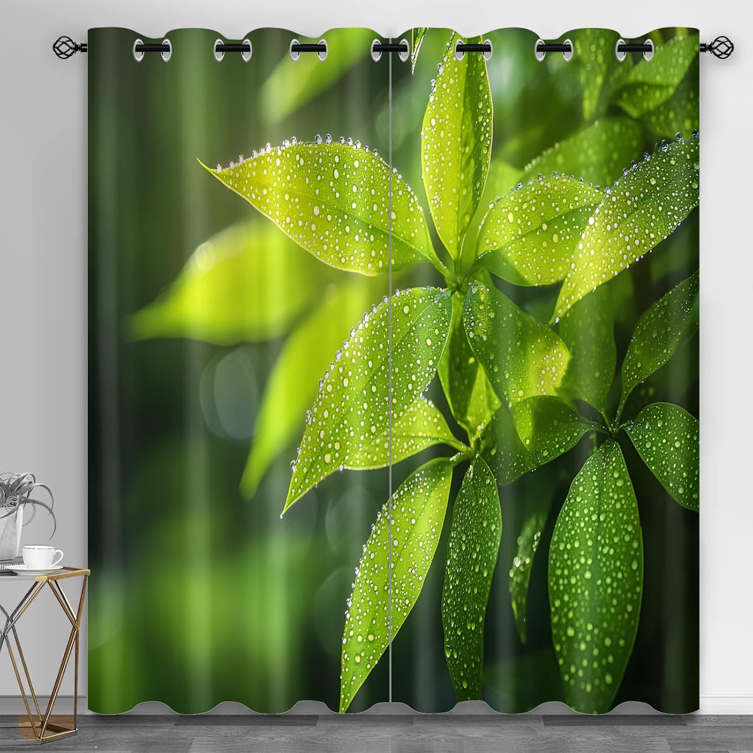 Green Leaves Curtains,Plants Blackout Curtains Dew Drops Grommet Drapes 2 Panels for Bedroom Living Room 27" W x 39" L x2