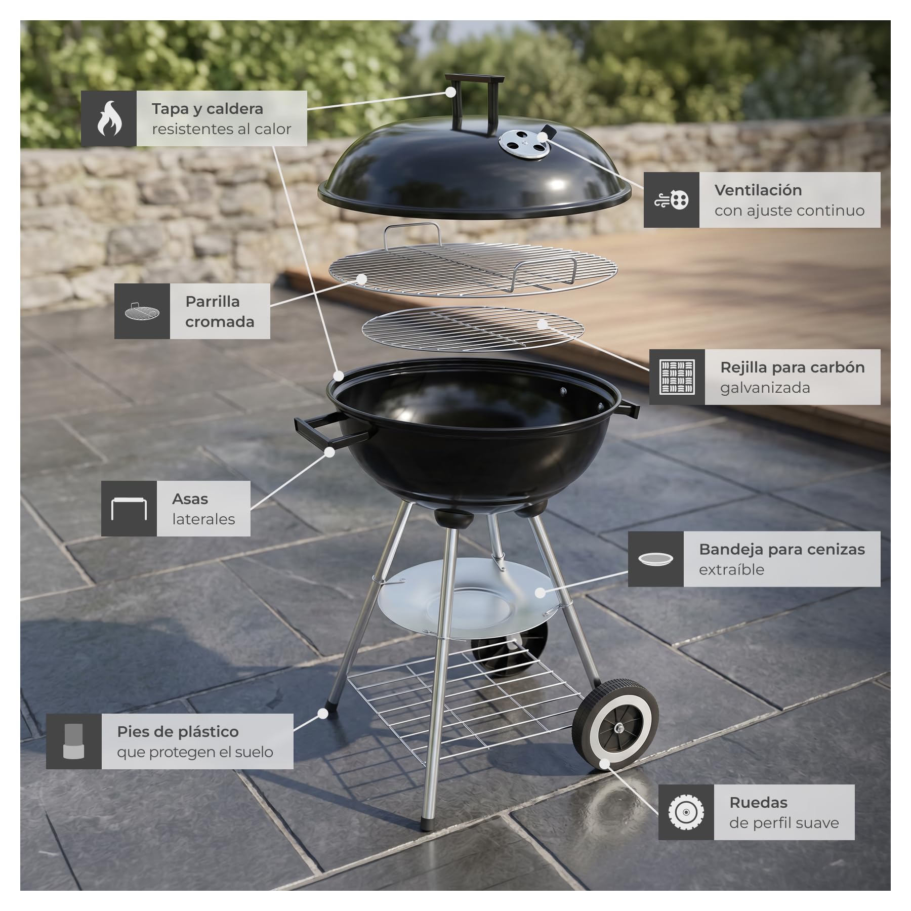 tectake® Barbacoa Carbon Redonda con 2 Ruedas, Parrilla Cromada Ø41,5 cm Tapa con Regulador de Aire, Bandeja Recogecenizas Extraíble, Bbq Grill, Barbacoa Portatil, Cocina Exterior - Negro/Plata