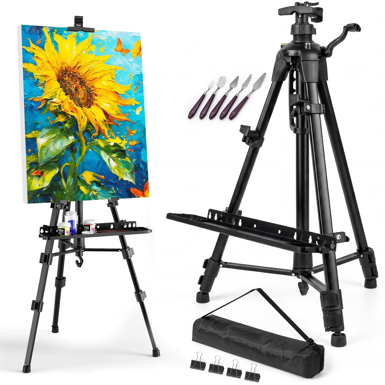 Professional Artist Easel Stand - 50-157cm Adjustable Iron Tripod with Crank Handle, Sturdy Floor & Tabletop Display for Canvas Painting, Includes Carrying Bag + 5 Stainless Steel Palette Knives