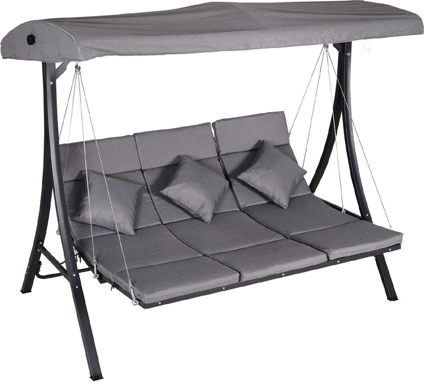 Dondolo da Giardino 3 Posti con Tettuccio Parasole in Metallo/Poliestere Dimensioni 200x115x168 cm Colore Grigio