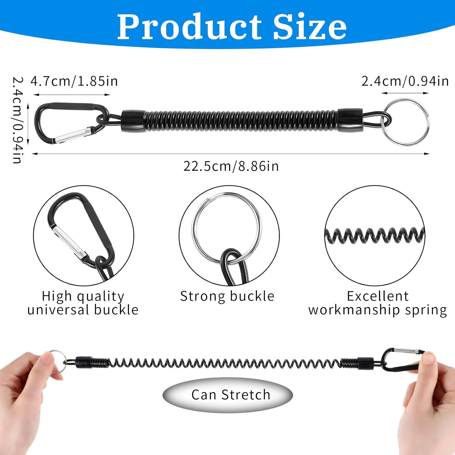 Heavy Duty Retractable Coiled Lanyard with Key Ring and Lobster Clasp - 4pcs Lanyard Set for Keys, Wallet, Cellphone - Black - Image 5