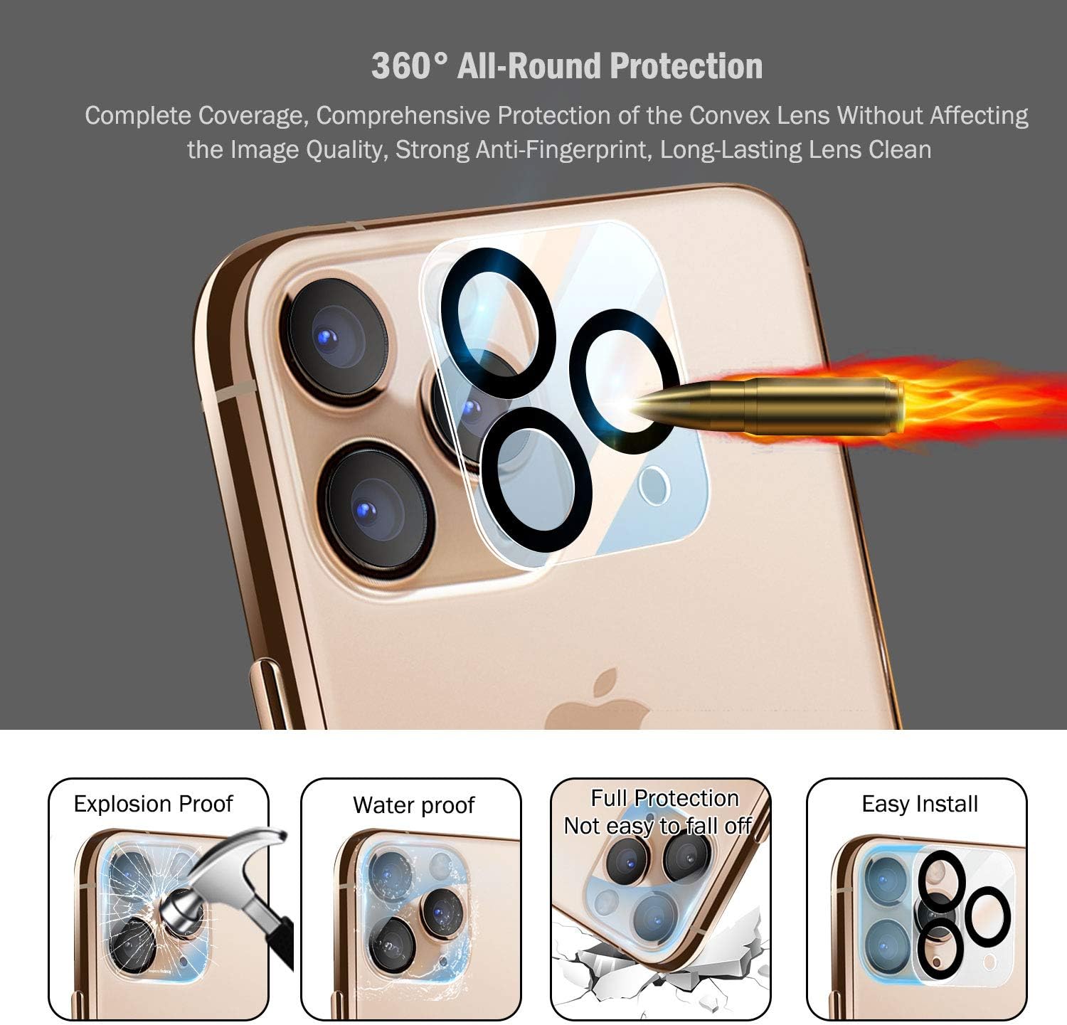 QHOHQ 2 Pack Screen Protector for iPhone 11 Pro Max 6.5" with 2 Packs Camera Lens Protector, HD Full Screen Tempered Glass Film, 9H Hardness, Scratch-Resistant, Bubble Free - Case Friendly