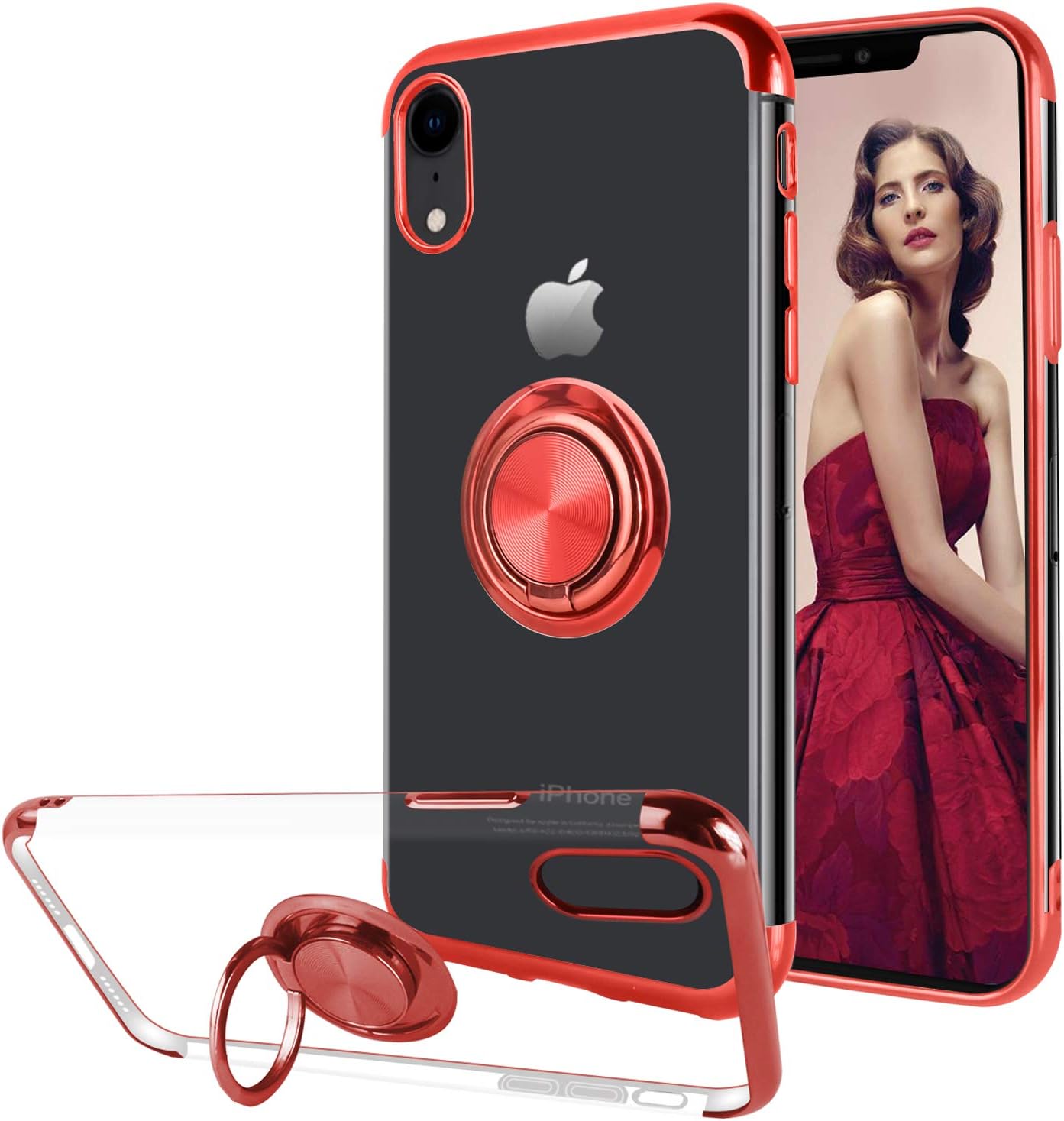 Ownest Compatible with iPhone XR Case with Built-in 360 Rotatable Ring Kickstand Fit Magnetic Car Mount and Clear Transparent TPU Protective for iPhone XR-(Red-4)