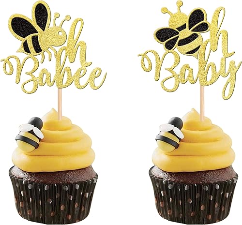 24 piezas de decoración de cupcakes Bee Oh Baby con purpurina dorada Bumble Bee Oh Babee para cupcakes con temática de abejorros para baby shower de