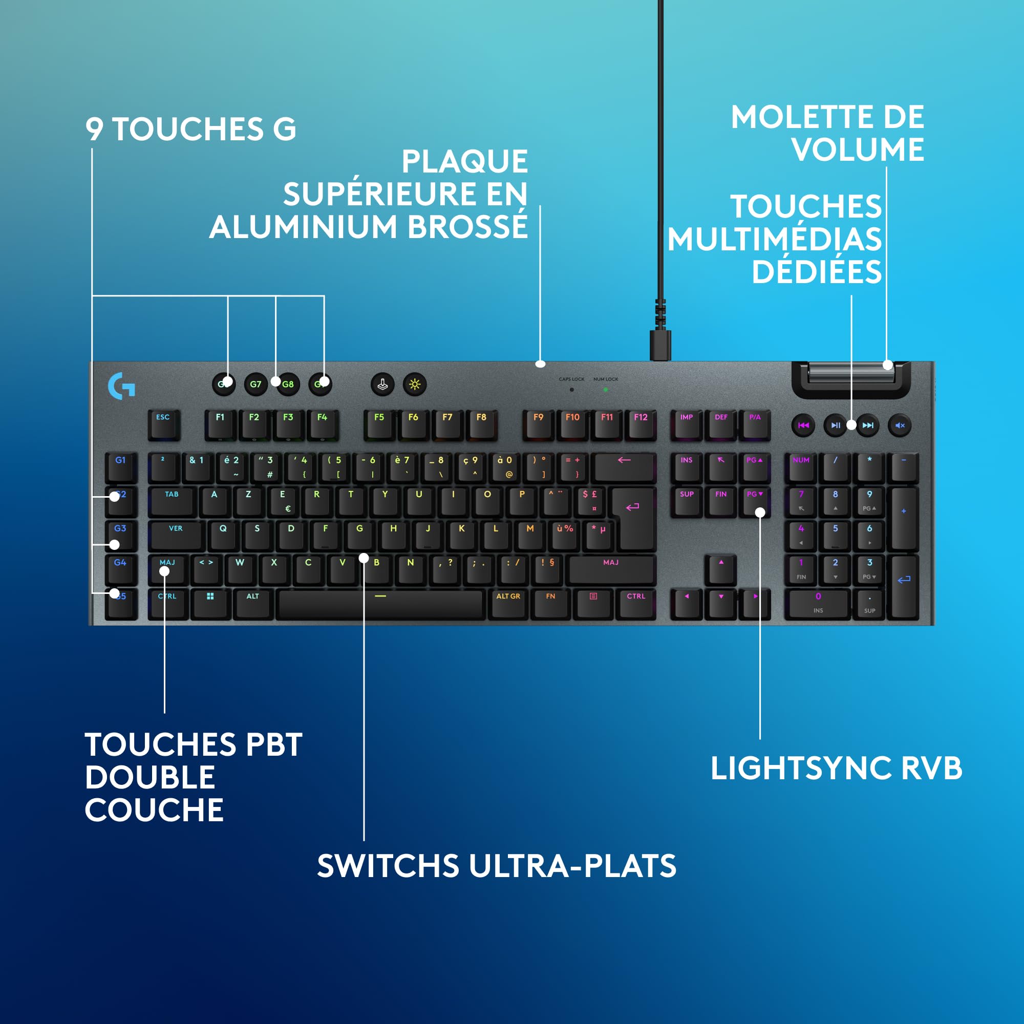 Logitech G G915 X Clavier Gaming mécanique Filaire Ultra-Plat, Touches PBT Double Couche, Touches entièrement programmables, éclairage RVB, switchs GL Brown Tactile, PC/Mac, Clavier FRA AZERTY - Noir