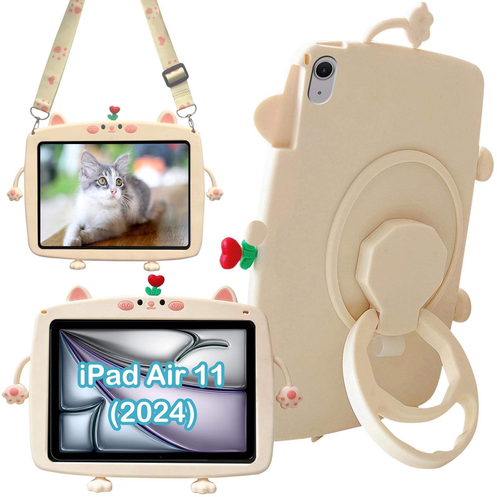 A-BEAUTY Case Compatible with IPad Air 11 Inch 2024 Cute Cat Kids Case with 360 Rotating Hand Grip Stand Pen Holder, Shoulder Strap