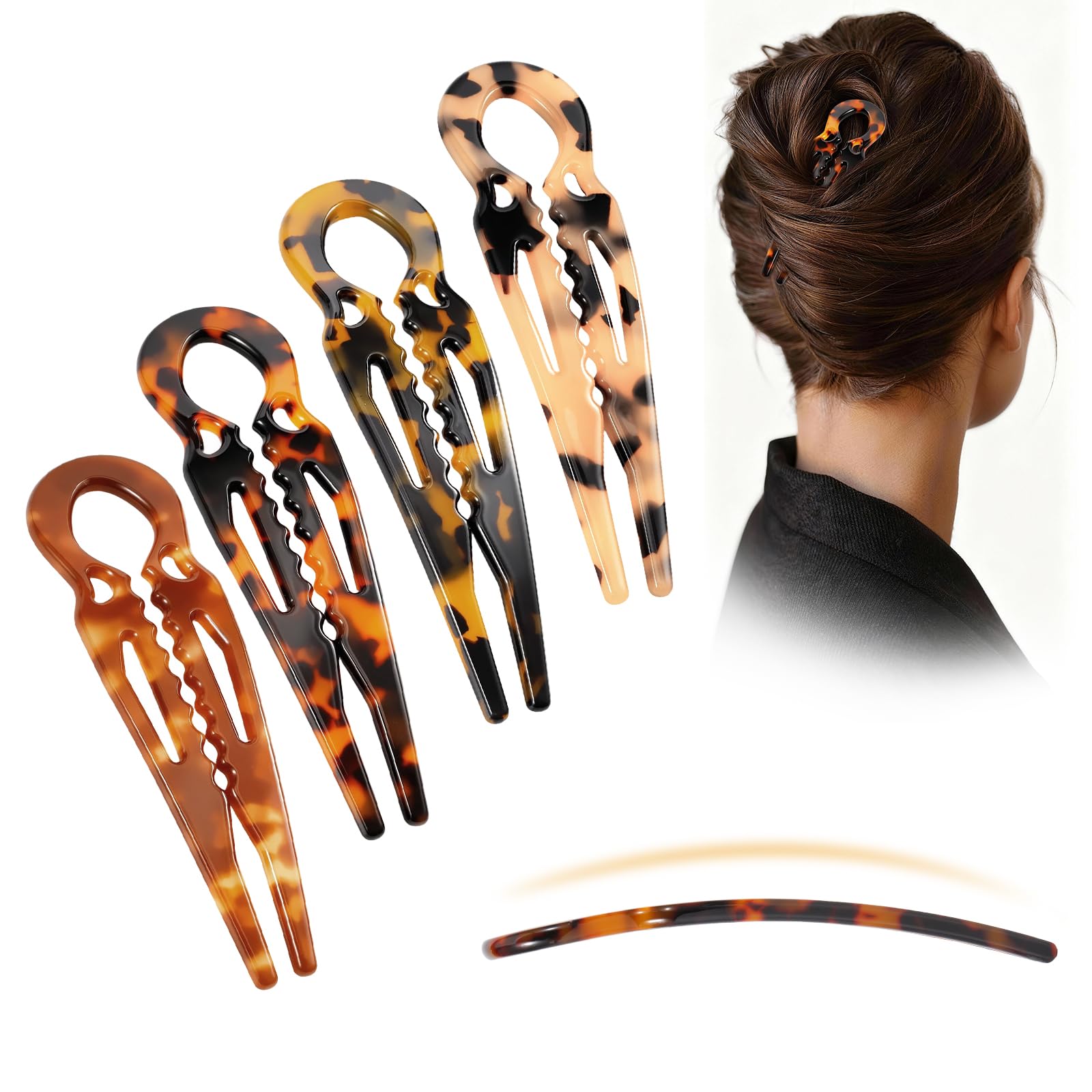 4PCS Prestige French Hair Pins Tortoise Shell Acetate Hairpins for Women - Elegant Styling Accessories for Buns Twist Updos U-Shaped Curved Serrated Anti-Slip Strong Grip Hair Clips (3.5 Inch, Small)