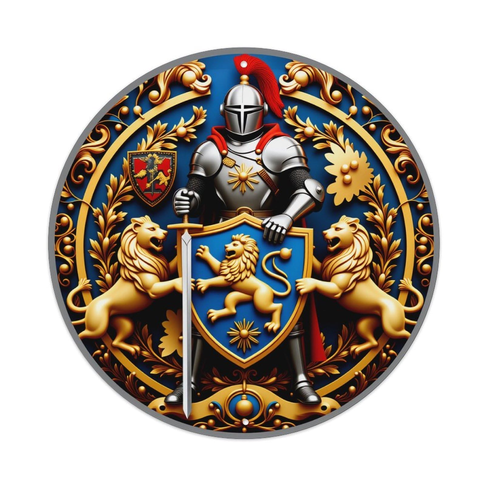 Wmlzdnwr Vintage Knight Shield Lions Sword Heraldry Gold Blue Armor Crest Round Tin Sign,Retro Wall Art,Metal Poster For Home, Bar, Garage, Cafe, Rustic Indoor & Outdoor Decor, 8X8 Inches