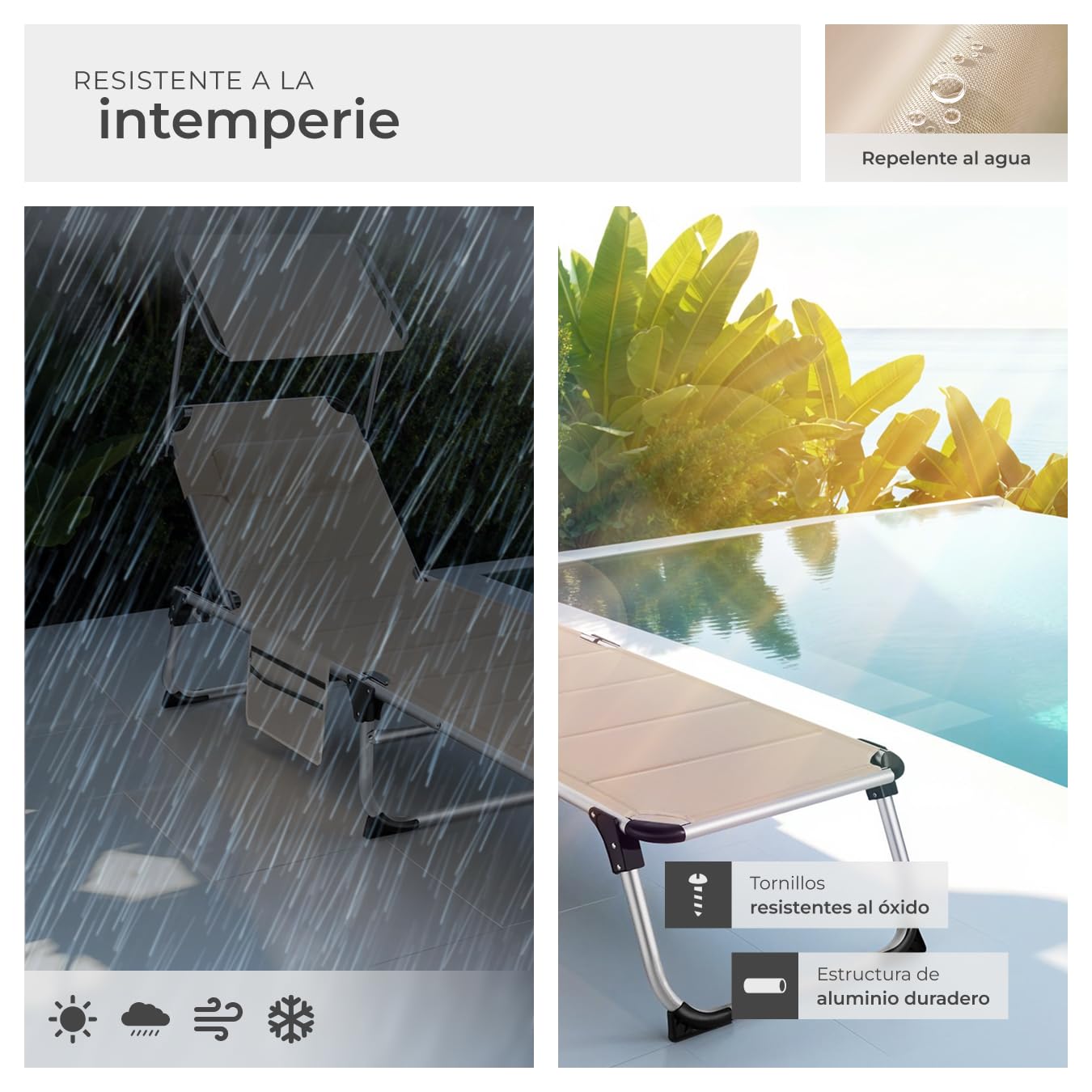 tectake® Tumbona Jardín Exterior de Aluminio, Tumbona Plegable con Reposacabezas, Parasol y Bolsillo Lateral, Playa Reclinable en 6 Posiciones, Resistente a Intemperie - Beige