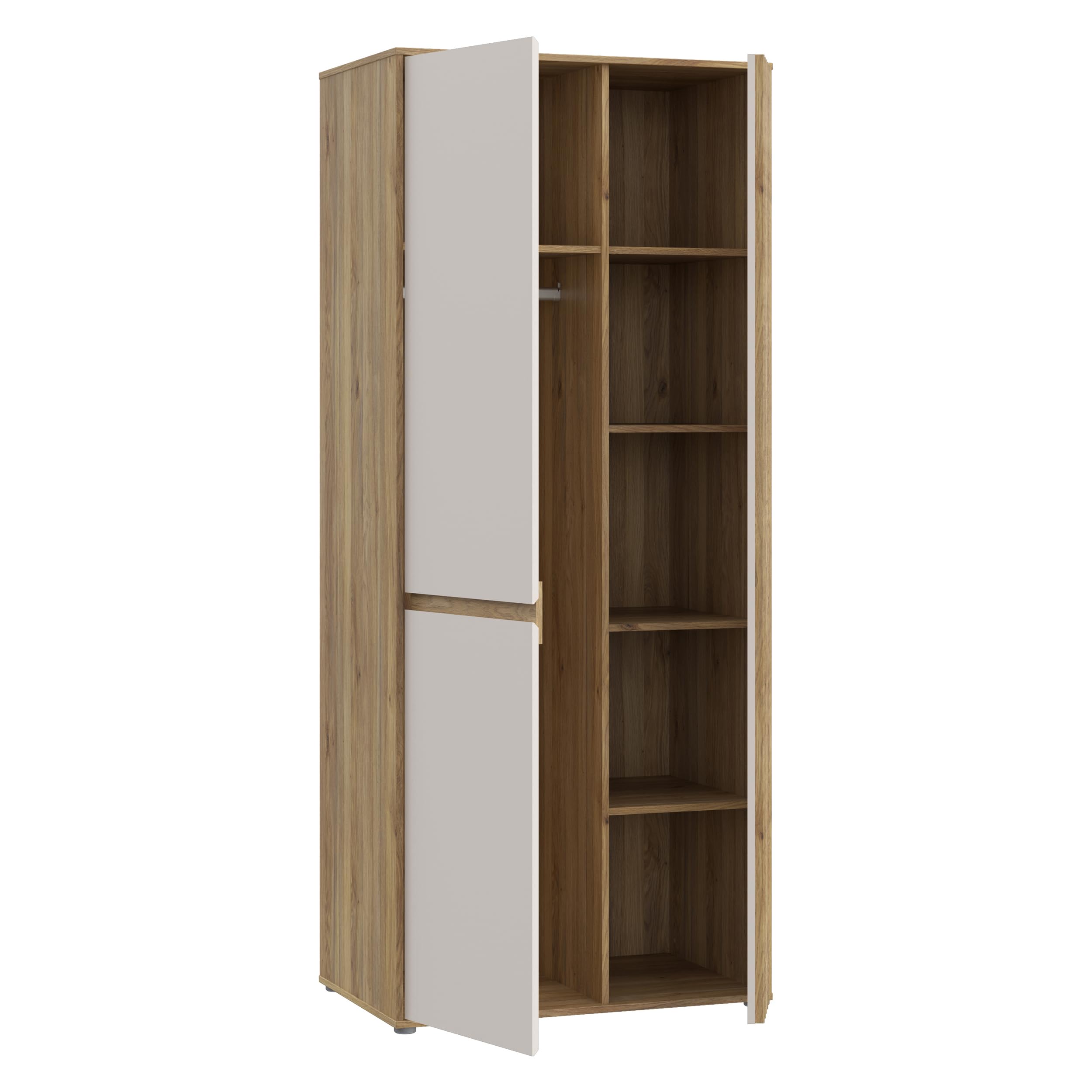 Forte ELISTON Kleiderschrank 80 90, moderner Kleiderschrank mit Lamellendesign, 2-türig, Holzwerkstoff, Schlafzimmer, Mauvella Eiche Holzdekor|Kashmir Beige, 84 cm breit x 200,1 cm hoch x 54 cm tief