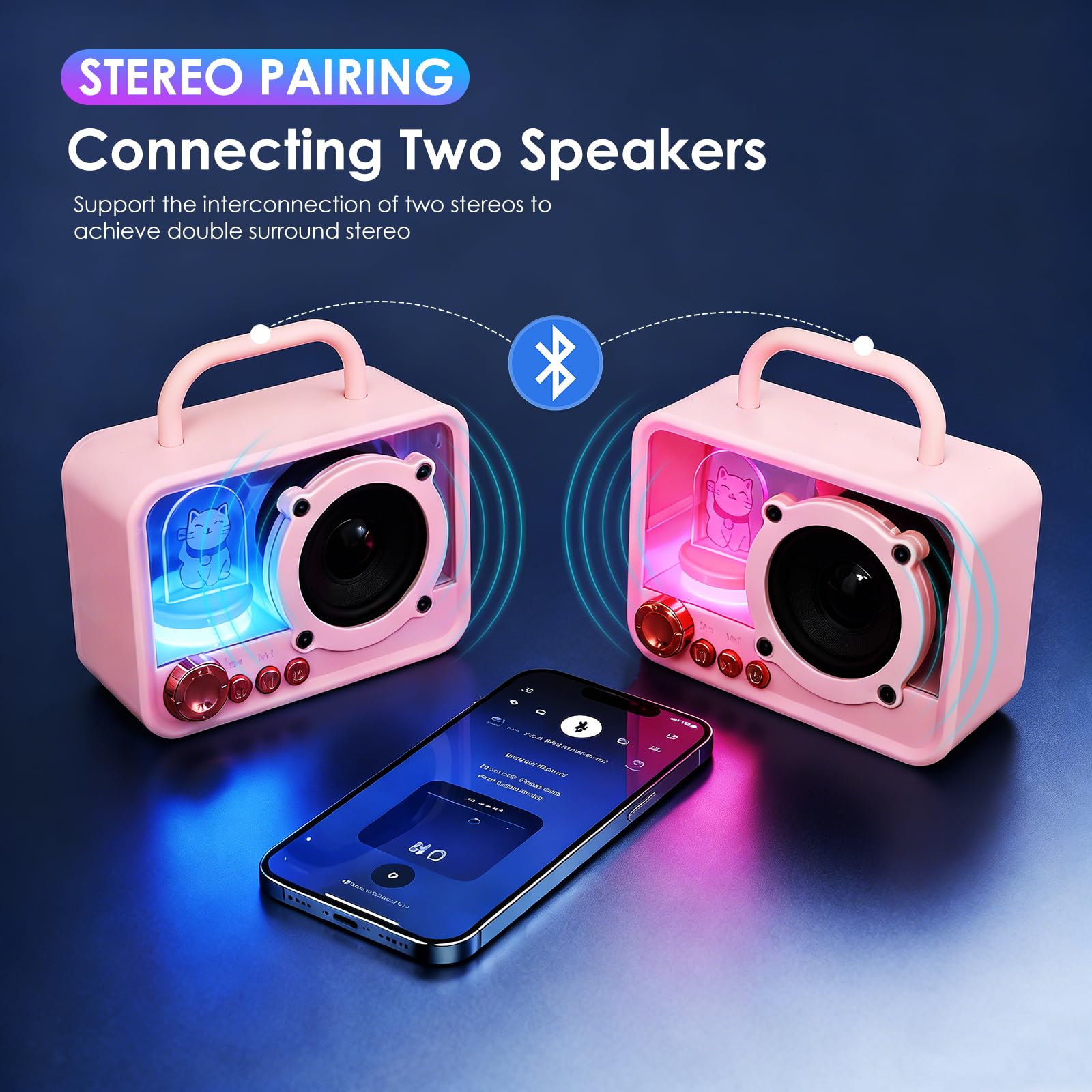 Altoparlante Bluetooth portatile con luci RGB, suono stereo, bassi potenti, mini altoparlante Bluetooth wireless, stile carino e alla moda per cucina, scrivania, camera da letto, ufficio