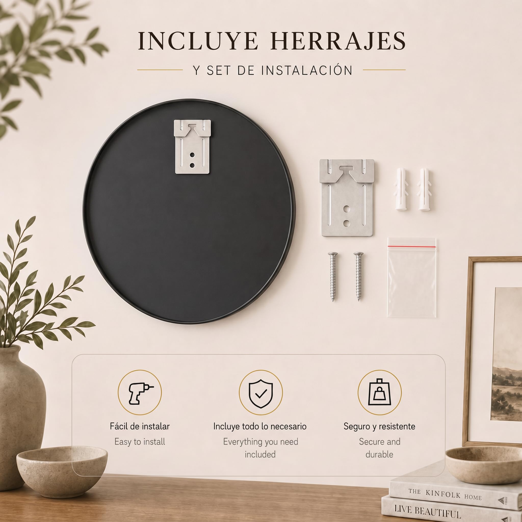 edihome, Espejo Redondo Grande de Pared, Negro 120 cm - Marco de Metal, Decorativo y Colgante, para Baño, Entrada, Recibidor, Pasillo, Dormitorio y Salón