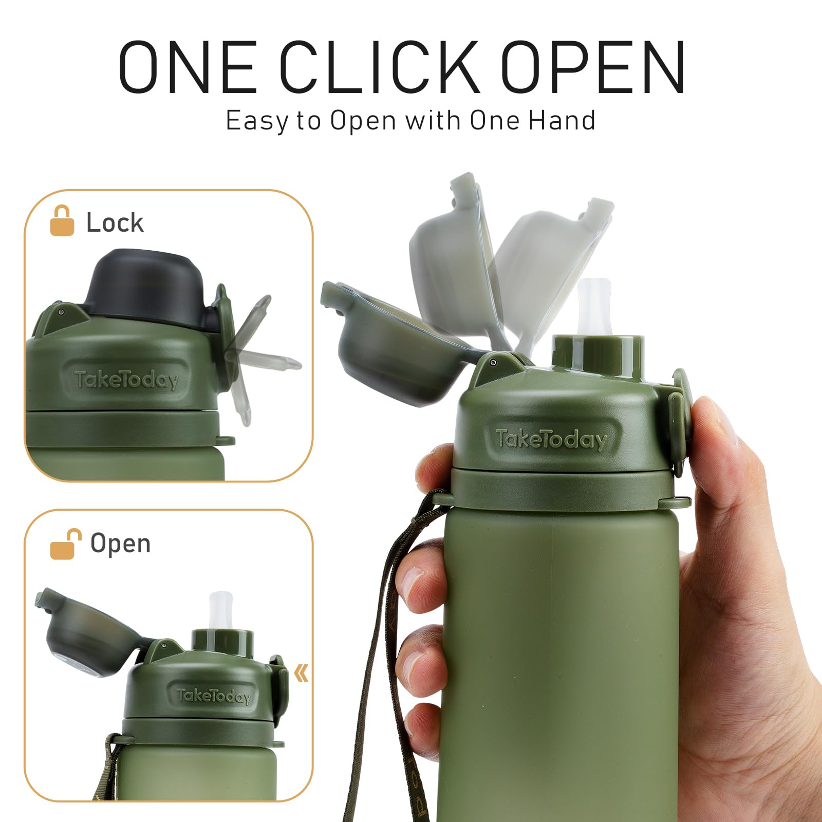 TakeToday Faltbare Wasserflaschen, 600 ml, 2 Stück, auslaufsicher, BPA-frei, faltbare Silikon-Reise-Wasserflasche mit Strohhalmgurt für Reisen, Outdoor, Schwarz und Dschungel | Faltbare Flasche aus Platin-Silikon mit auslaufsicherem Deckel, breite Öffnung