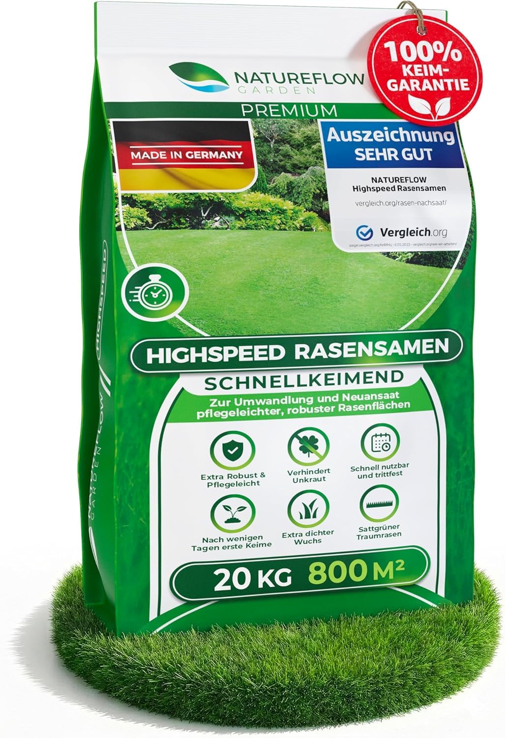Rasensamen schnellkeimend Frühjahr 20kg – TEST SEHR GUT – Grassamen schnellkeimend Rasen Nachsaat Made in Germany – Rasensaat 800qm - Rasensamen Frühjahr Samen von Natureflow