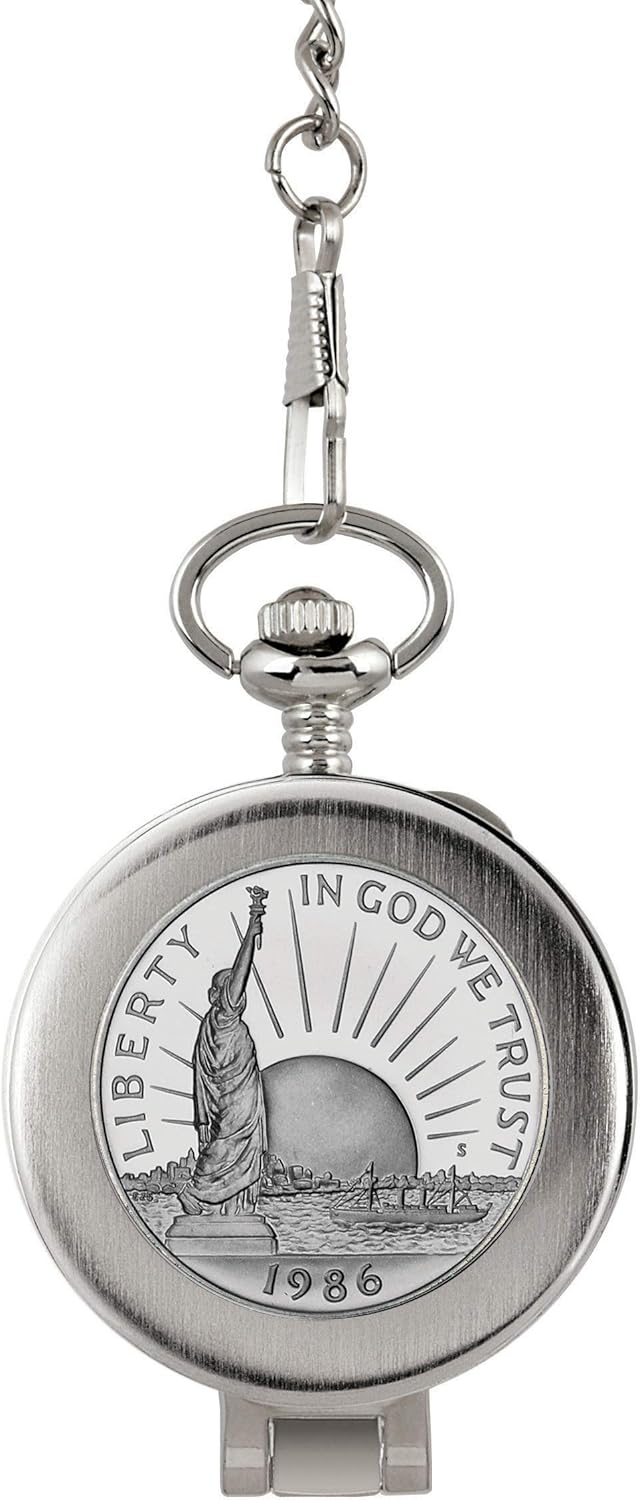 American Coin Treasures U.S. Coin Pocket Watch with Skeleton Movement | Statue of Liberty Commemorative Half Dollar | Sweeping Second Hand, Magnifying Glass | Certificate of Authenticity