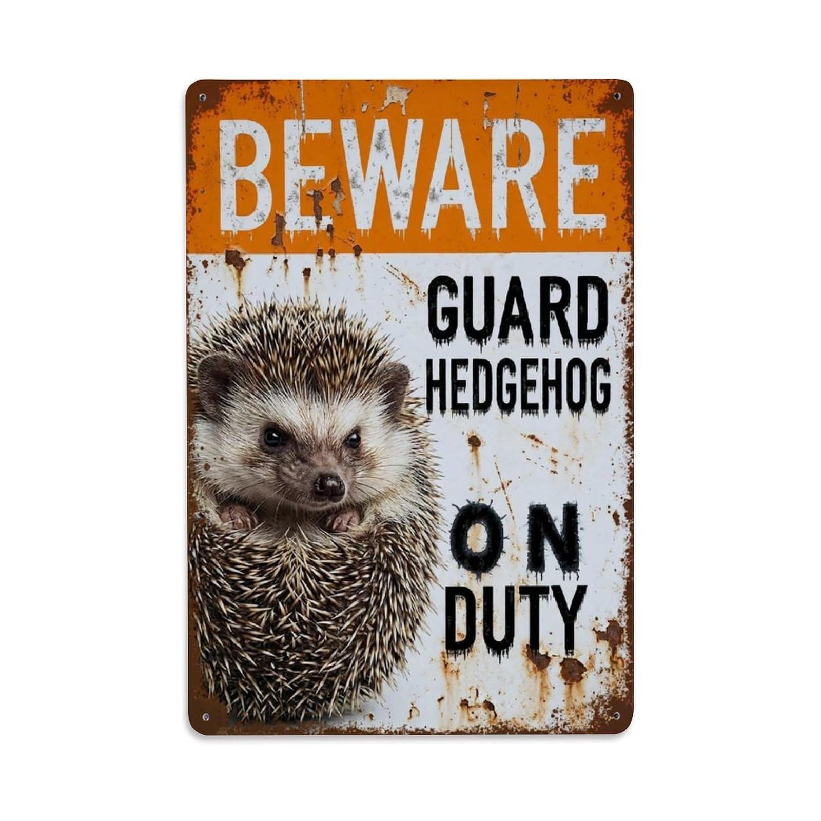 Vintage Funny Hedgehog Guard Beware of Pet Alcove Metal Tin Sign Plaque Wall Decor for Cafe, Club Bar, Office, Garden Metal Poster 8x12Inch
