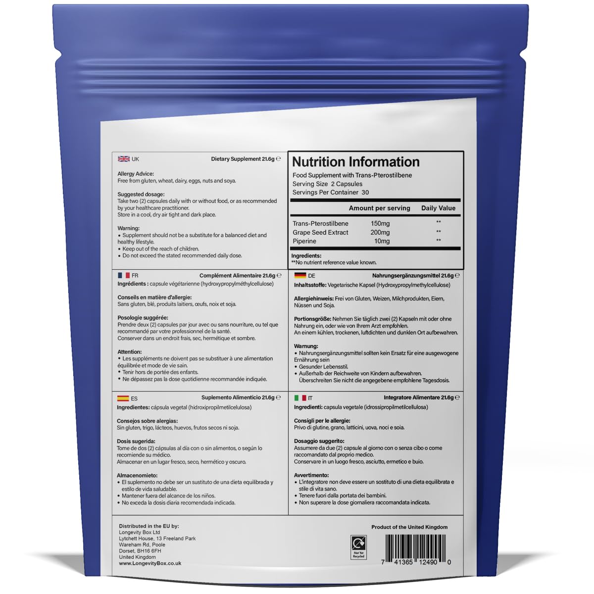Pterostilbeno 150 mg con 60 Cápsulas, Trans Pterostilbeno 99 por Ciento Puro, Suplemento Dietético Antioxidante para el Mantenimiento de la Función Celular