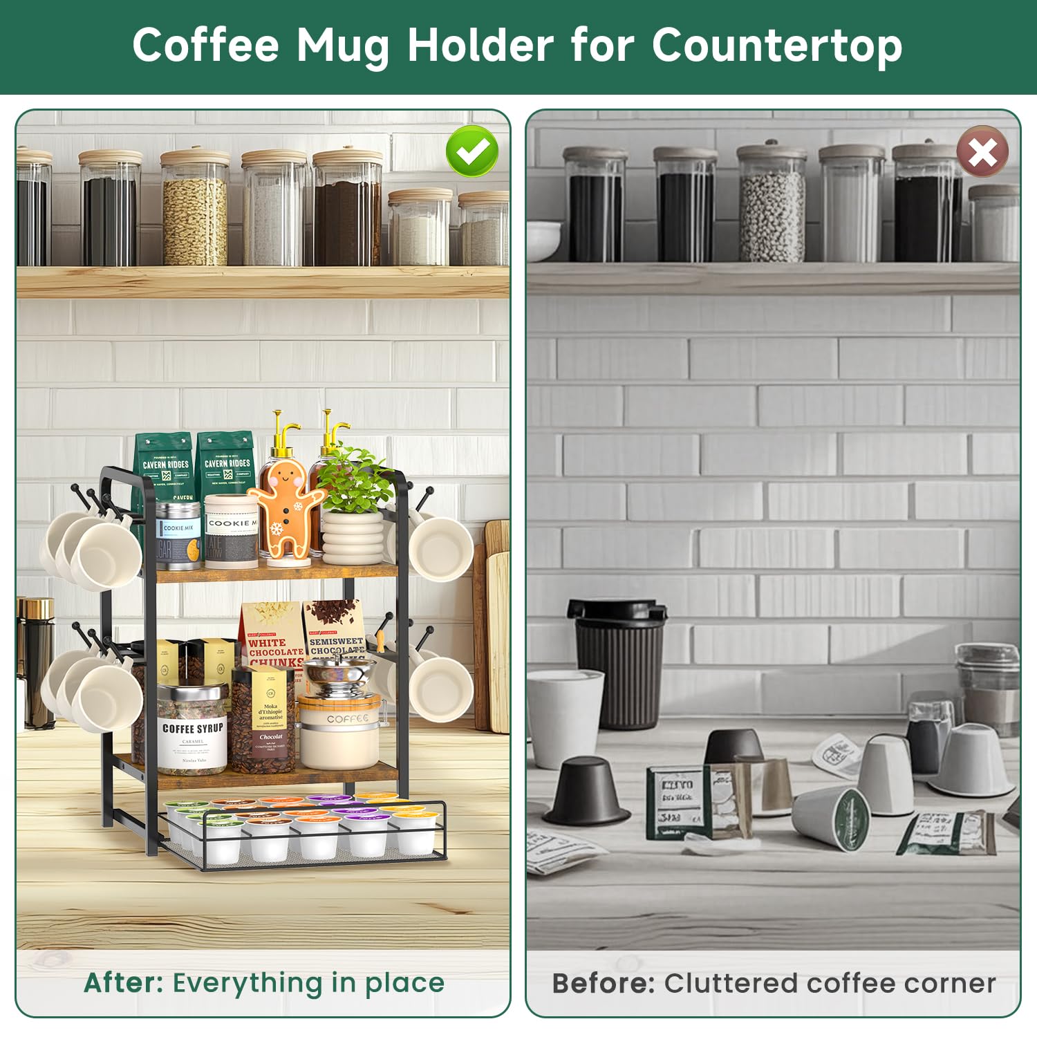 EsLuker.ly Organizer da bar con ripiano per tazze da lavoro, supporto per tazze da caffè a 3 livelli con 12 ganci per casa e ufficio, cassetto organizer per capsule K Cup, mantiene gli oggetti