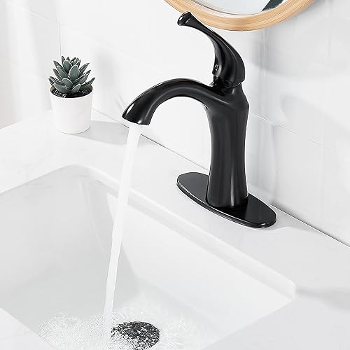 Miniatura 4 de Grifo de baño, grifo de lavabo de una sola manija, grifo de fregadero de baño de 1 o 3 agujeros con placa de drenaje emergente, color negro mate