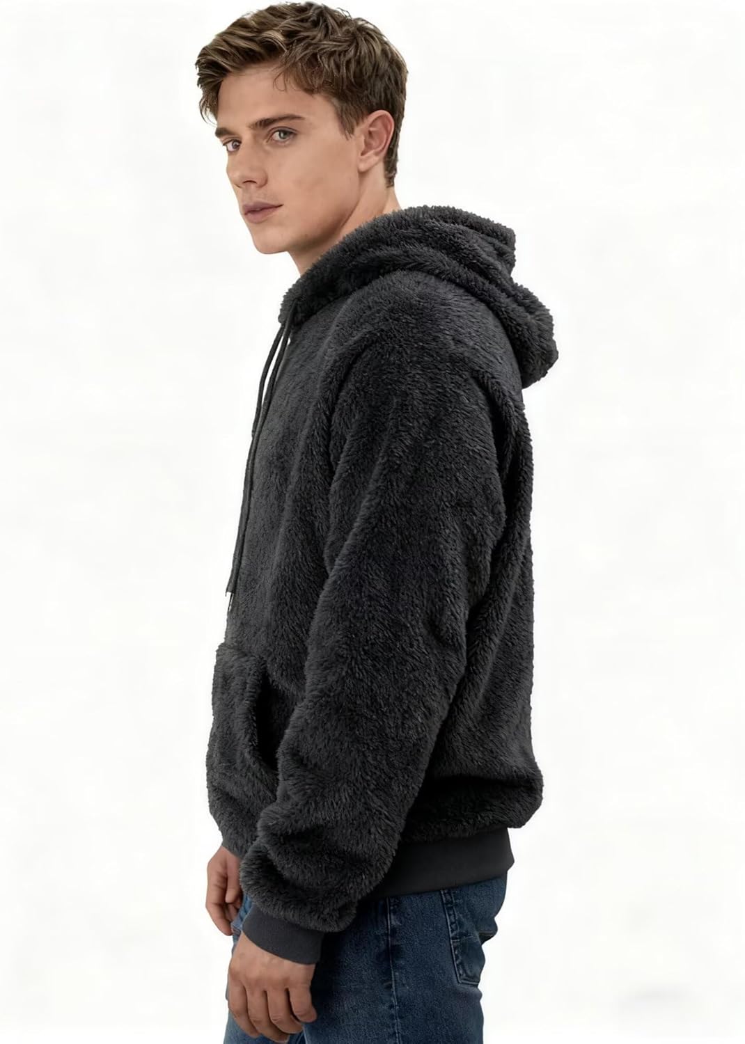 Mens Fuzzy Sherpa Hoodie Sweatshirts Fleece Front Pocket Pullover Fall Outwear Winter Hooded - Image 2
