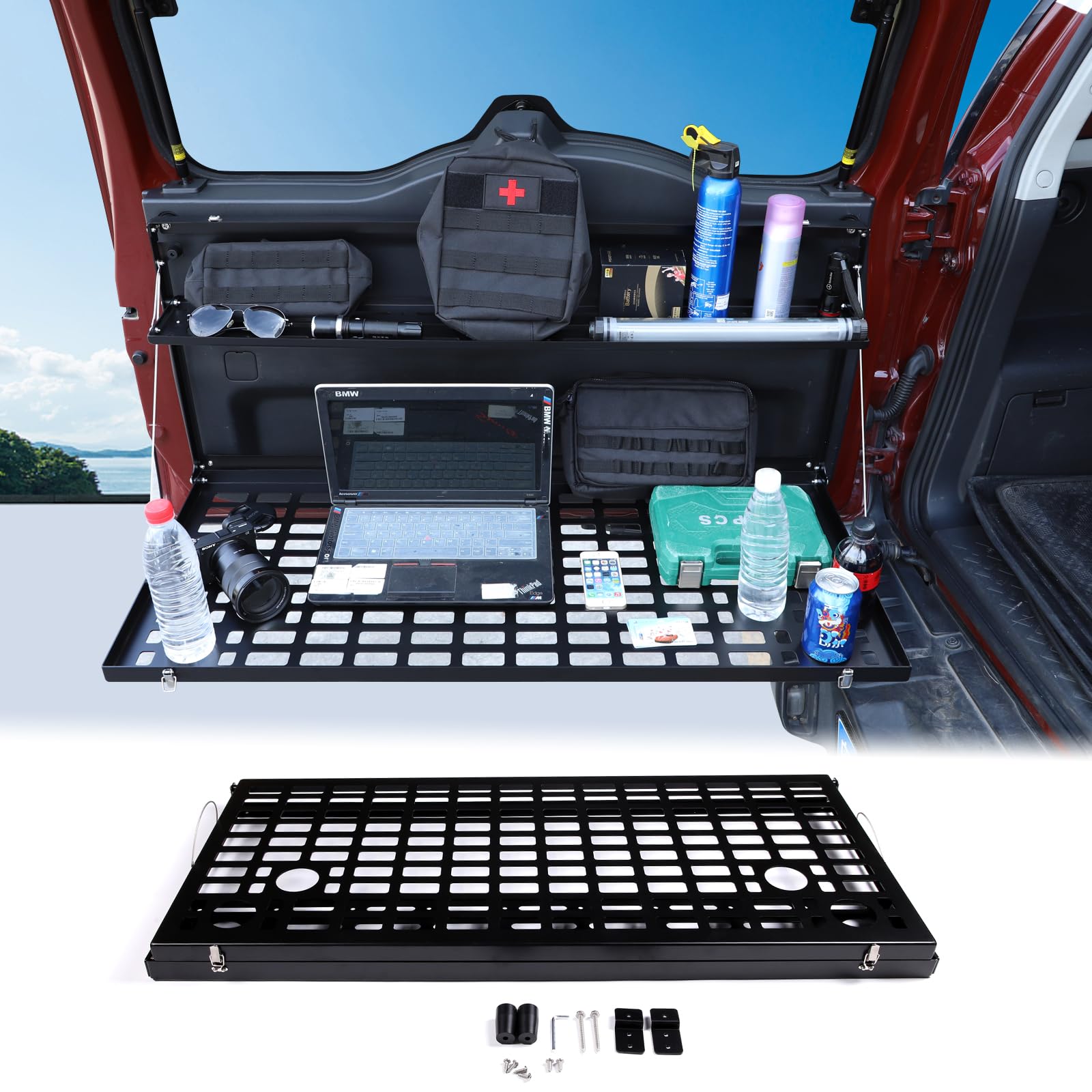 Car Tailgate Table Cargo Storage Rack Shelf Fit Toyot@a FJ Cruiser 2007-2024 Tailgate Foldable Double-Layer Storage Holder Rear Door Multifunctional Storage Organizer Tray Mount Bracket Accessories