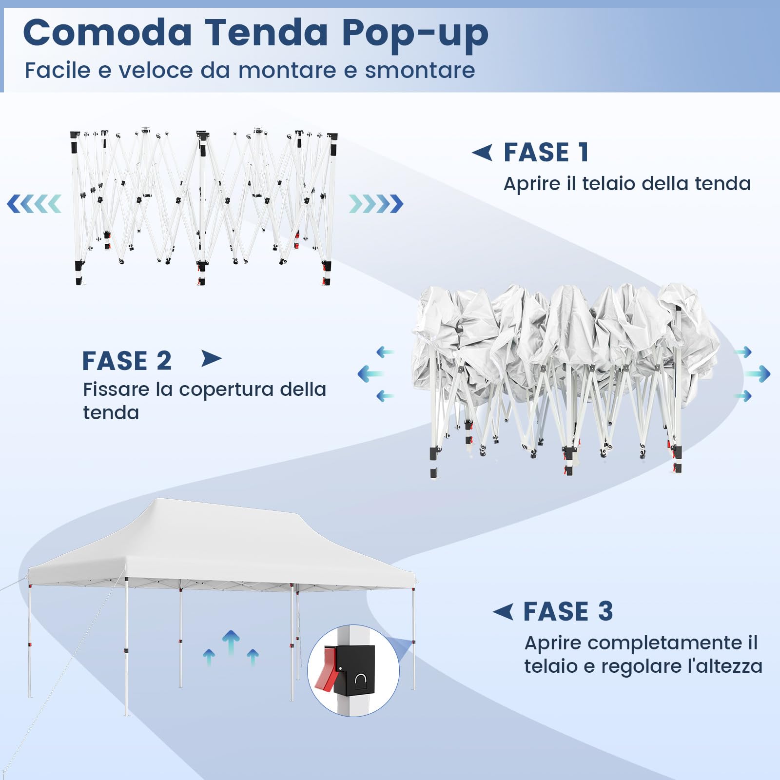 RELAX4LIFE Gazebo Pieghevole Pop-Up 3x6M con Altezza Regolabile, UV50+, 12 Picchetti, 6 Corde/Sacchi di Sabbia, Resistente per Feste e, Matrimoni,Giardino