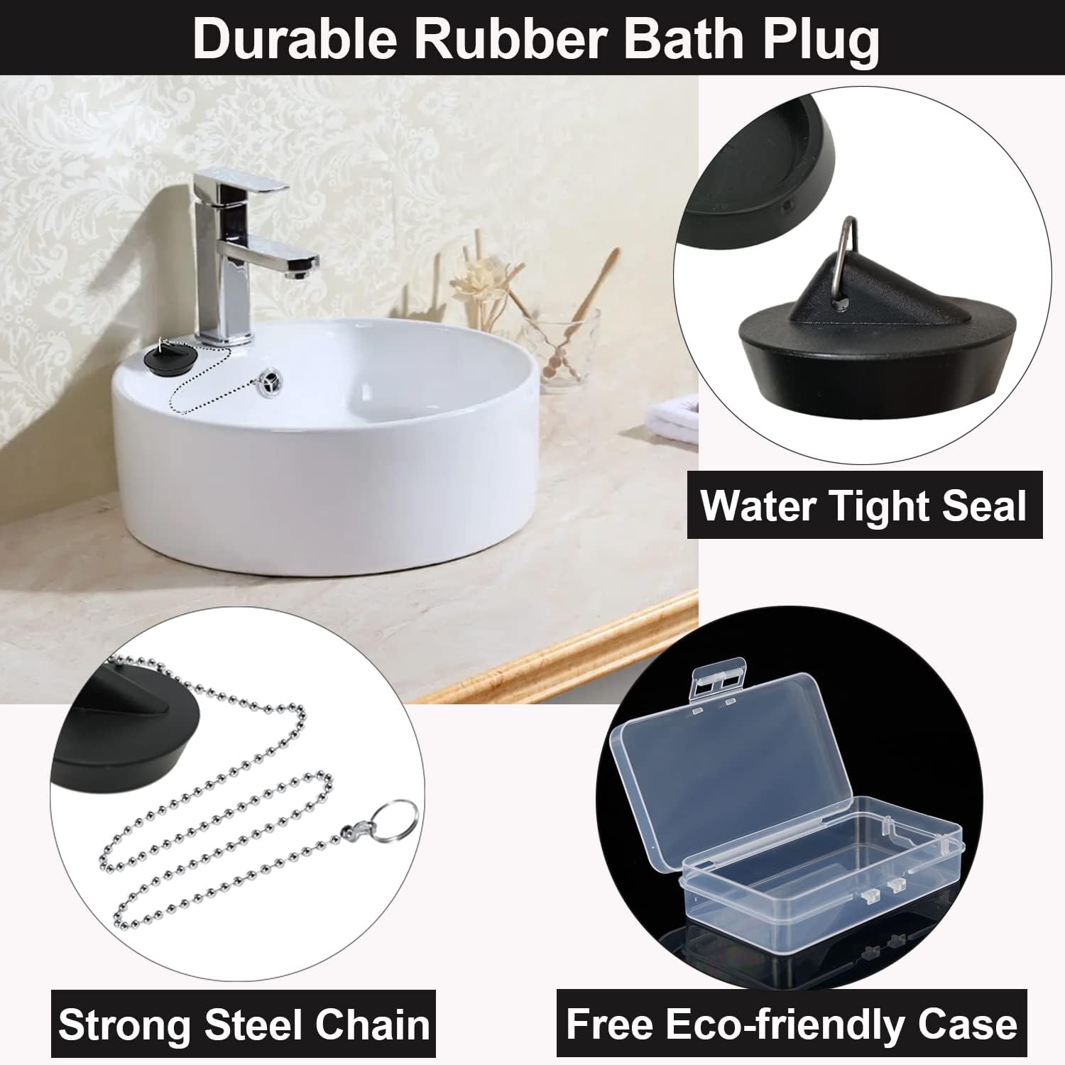 Tomario 2 Stück Universal Waschbeckenstöpsel Edelstahl Kugelkette mit Haken für Küche Bad Waschbecken Abfluss Stopper Stöpsel (44 mm, Ablaufstopfen Größe zwischen 45,5 bis 42 mm) | Silikon-Ablaufstopfen für Küche, Bad, Waschbecken, 450 mm, Kugelkette, Hak