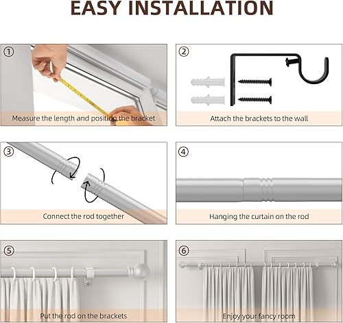 Miniatura 10 de Barras de cortina para ventana de 32 a 48 pulgadas, barras de cortina de empalme negras de 58 pulgadas, juego de cortineros de una sola ventana con