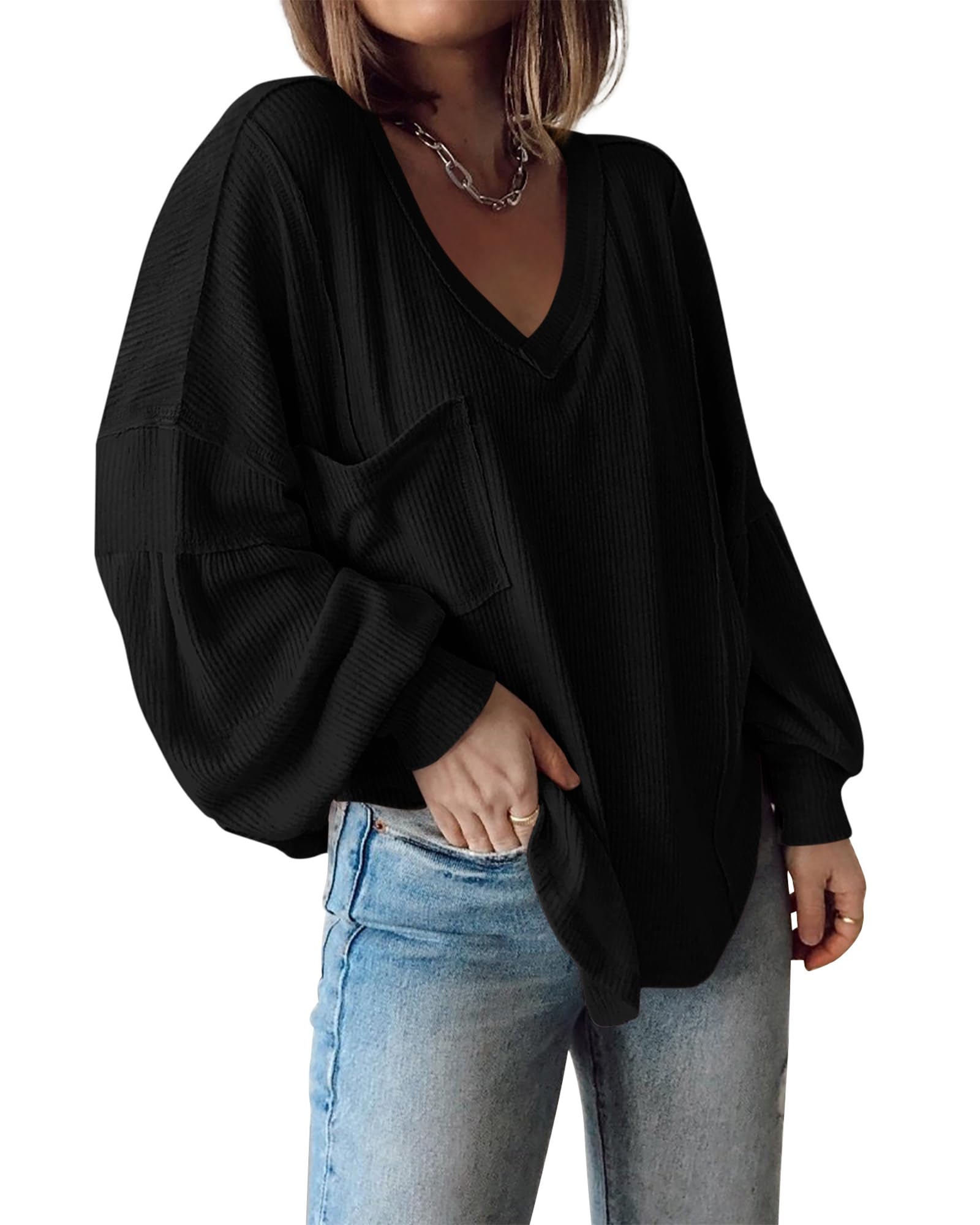 BTFBM Women's Ribbed Long Sleeve Tops 2025 Summer Spring Pullover Knit Casual V Neck Blouses Trendy Loose Fit Tunic Top