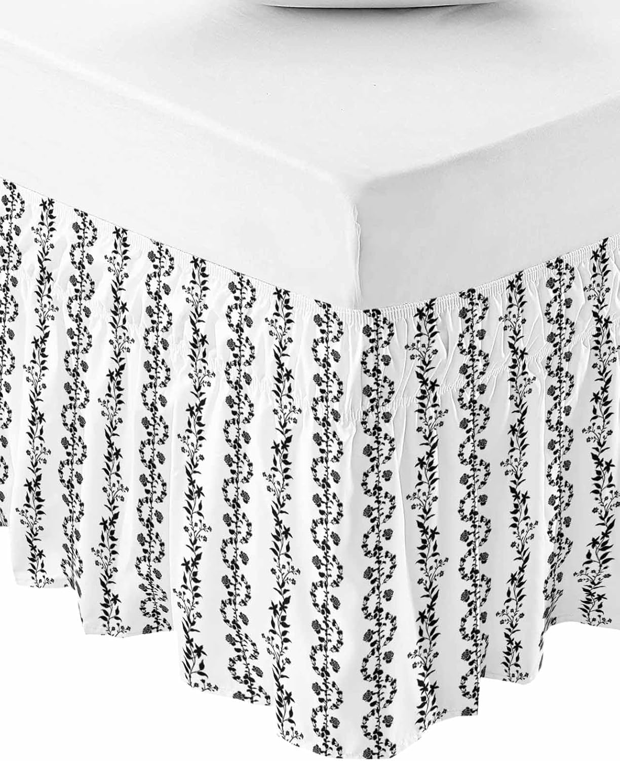 Sage Green Spring Leaves Bed Skirt Queen Size 16 Inch Drop, Adjustable Elastic Bedskirt Dust Ruffle for Queen Bed, Pastoral Botanical Striped Flowers Wrap Around Bed Skirts Pleated Bed Frame Cover