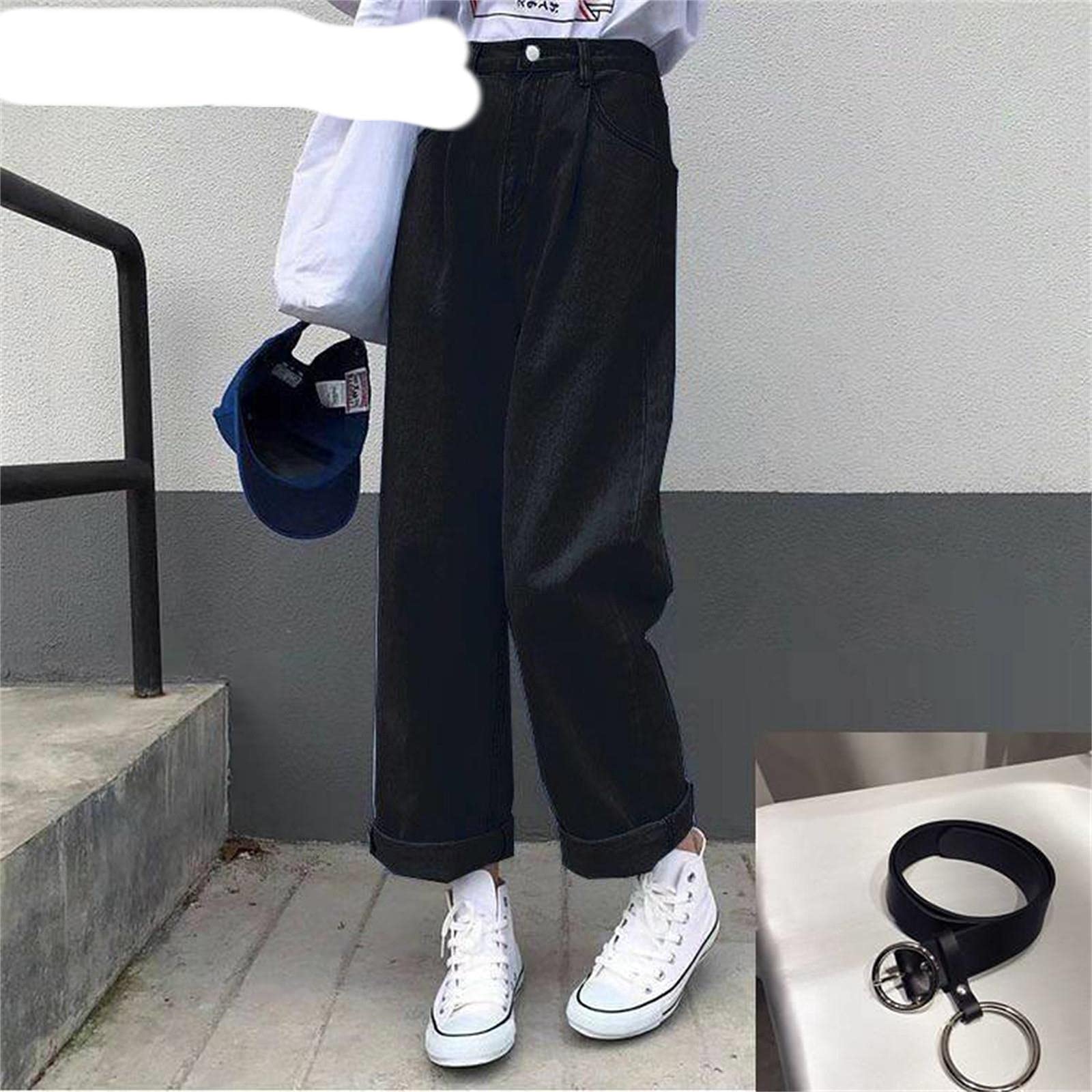 UKKO Jeans da Donna Jeans Donne Solid Vintage Vintage Vita Alta Gamba Larga Gamba Pantaloni Denim Slittati