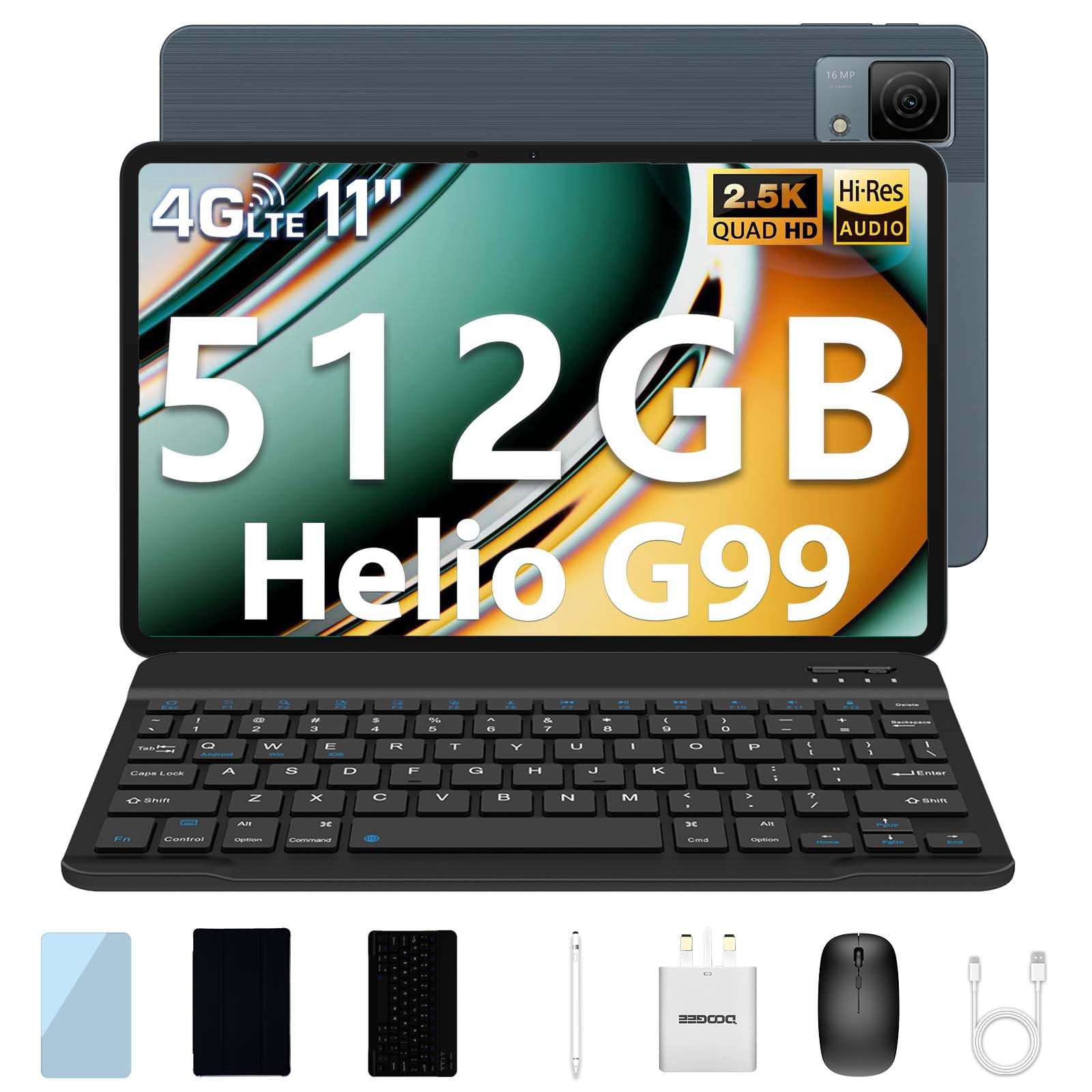 DOOGEE T40 Tablet with Keyboard, 11 Inch Tablet with Pen, 20GB+512GB/2TB TF, Helio G99 Octa-core, Android 14 Tablets with Sim Card Slots, 8580mAh, 16MP/3.5mm Jack/Hi-Res/5G WiFi/Quad Speakers, Gray