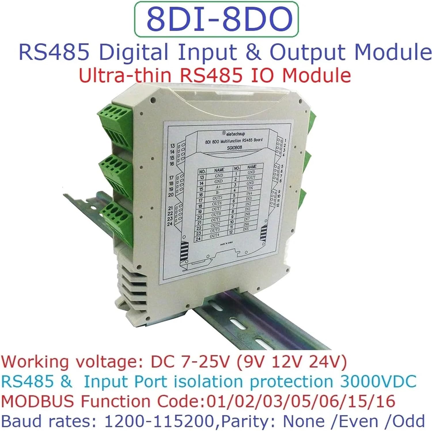 SGIOB08 Ultra-Thin Safety Barrier Module RS485 IO 8DI-8DO Isolated Digital Input Output MODBUS RTU for Relay PLC Industrial Equipment