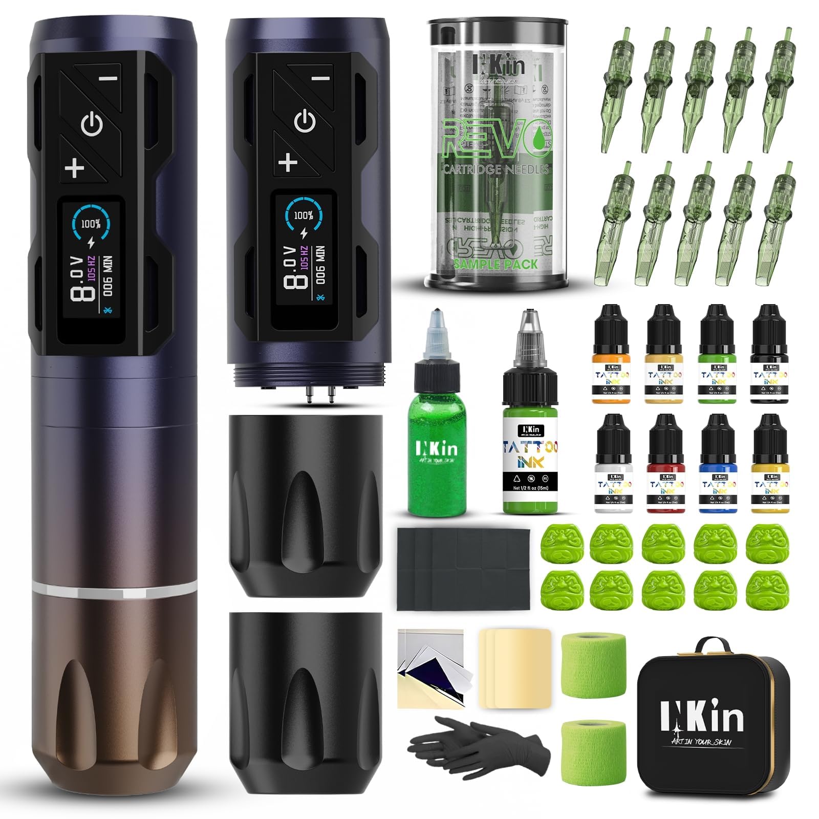 INKin Tattoo Gun Kit Complete for Beginners, CL4 Wireless Tattoo Machine Kit 4.0 Stroke with Brushless Motor, Tattoo Kit with 2Pcs Batteries 1800mah Power and Mixed Revo Needles and 9Pcs Ink