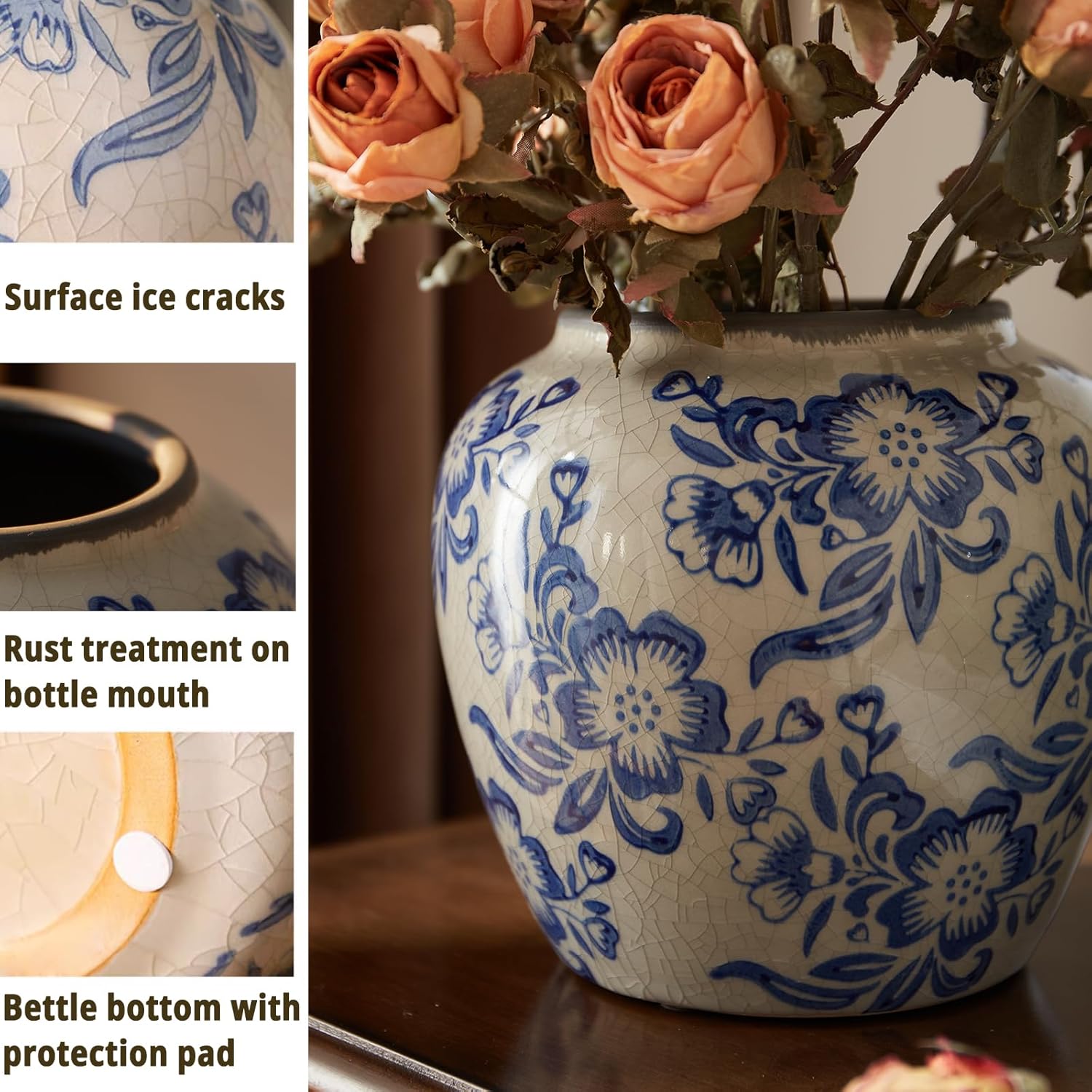 Blue and White Vases, Ceramic vases for Home Decor, Farmhouse Flower vase, Blue vase for Living Room Decor, Vintage Vase for Console Table Mantle Chinoiserie Decor - Image 6