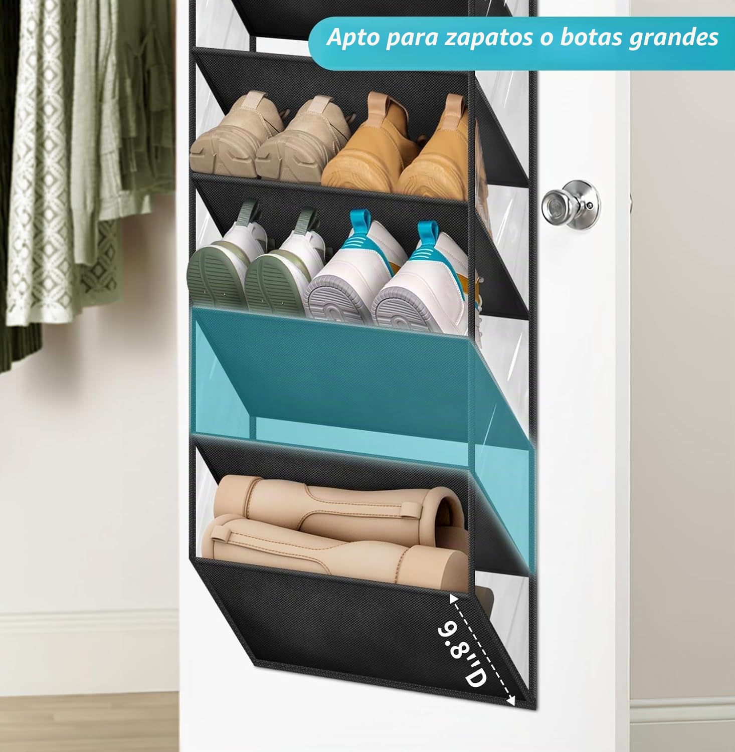 MISSLO Organizador de zapatos de 10 niveles para colgar sobre la puerta, estante para zapatos transparente con bolsillos profundos, gran soporte para zapatos en la parte trasera de la puerta, para 20