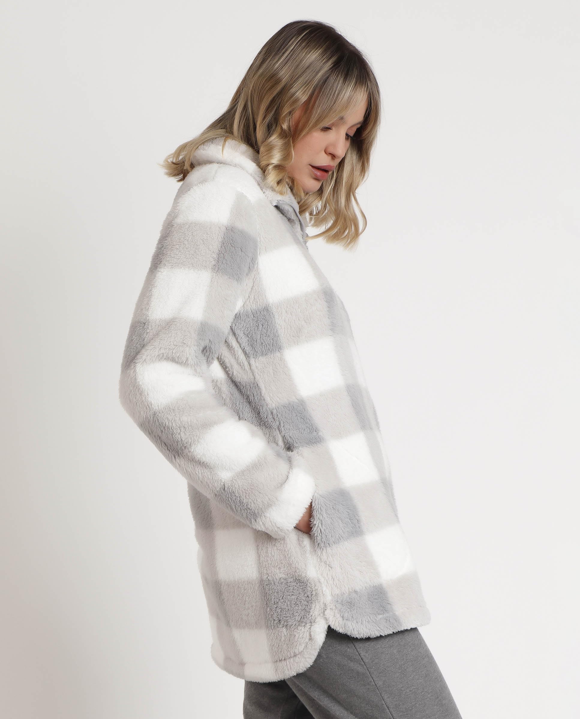 ADMAS stay at home - bata mujer invierno calentita cuadros con cremallera y bolsillos - batas de casa con tejido suave corel en color gris - ideal para días fríos en invierno