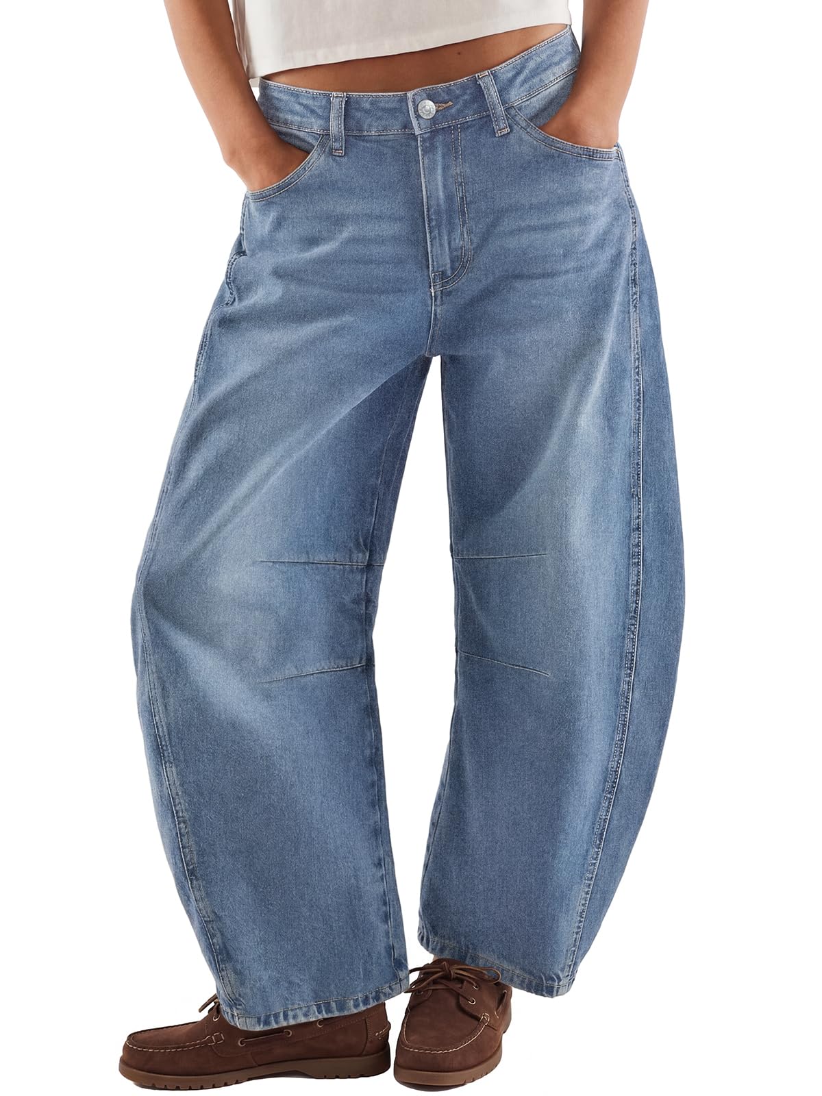 Trendy Queen Women‘s Barrel Jeans - Wide Leg & High Waisted Denim Pants with Curved Hem and Slant Pockets IcelandBlue 6