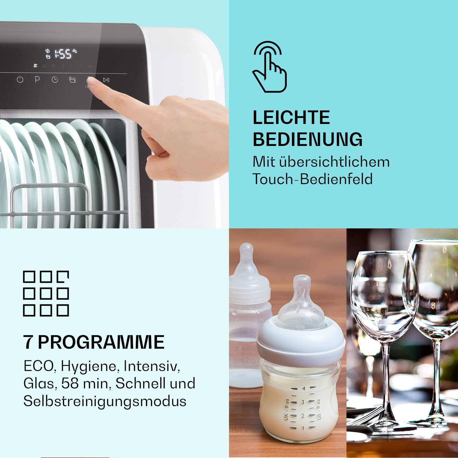 Klarstein Mini-Geschirrspüler für 3 Gedecke, Leiser Einbau-Geschirrspüler Klein mit 7 Spülprogrammen, Kleiner für Zuhause Büro Camping, Mini mit Wasseranschluss
