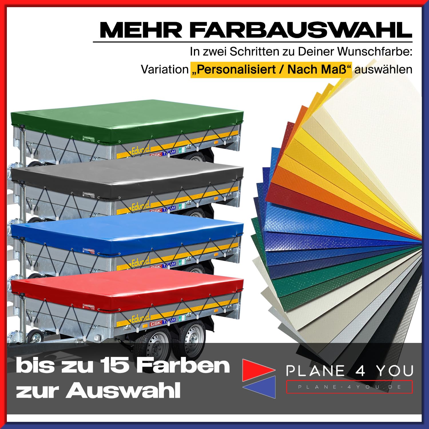 Hochwertige Eduard Anhängerplane nach Maß in 15 Farben - Flachplane für PKW-Anhänger - wasserdichte PVC Abdeckplane mit Anhänger Zubehör
