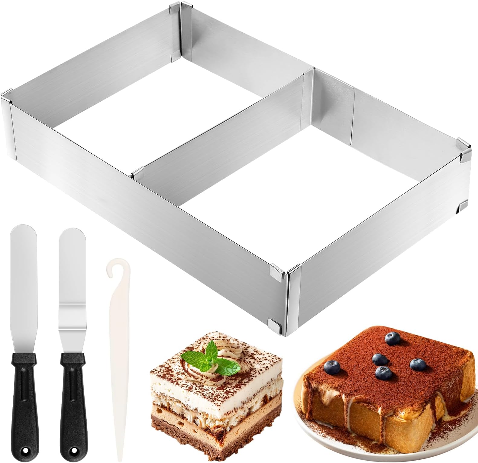 Wvu & Wvo Rectangular Adjustable Baking Frame, Stainless Steel Baking Mould, Rectangular Cake Ring, Adjustable Cake Frame, Square Baking Tray with Divider, Spatula, for Cakes, Pies, Pizza, Baking,