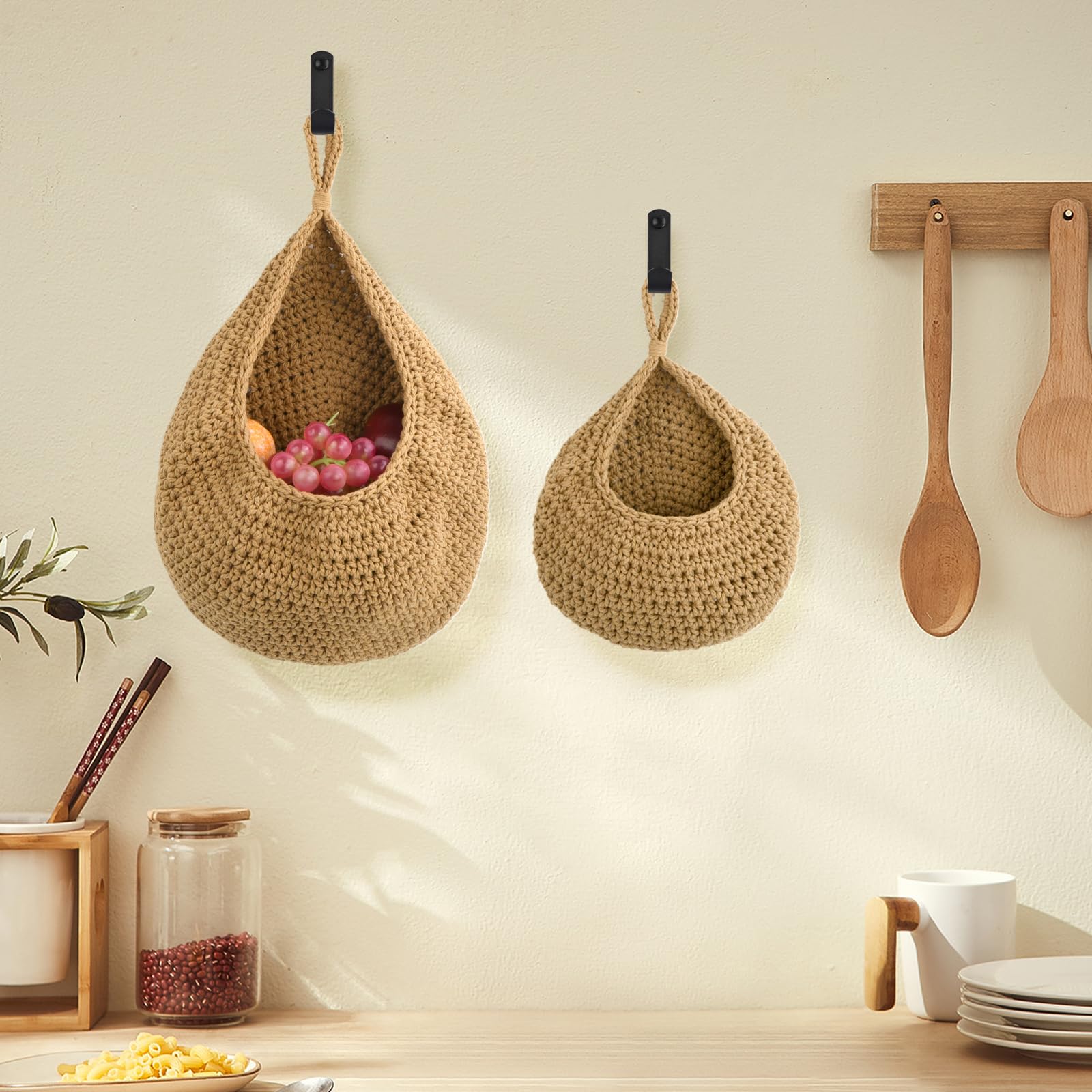 Hangende muur groentefruitmanden, Boho Jute hangende mand voor voorraadkast Aardappel Knoflook Ui-fruitopslag Handgeweven decoratieve keukenorganisator en muurplanterhouder (groot